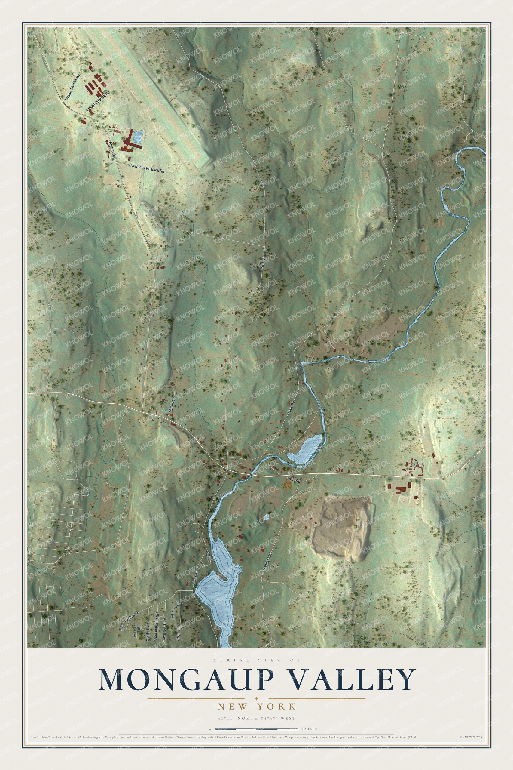 Full map of Mongaup Valley, New York, with red buildings, printed street names and the land around them
