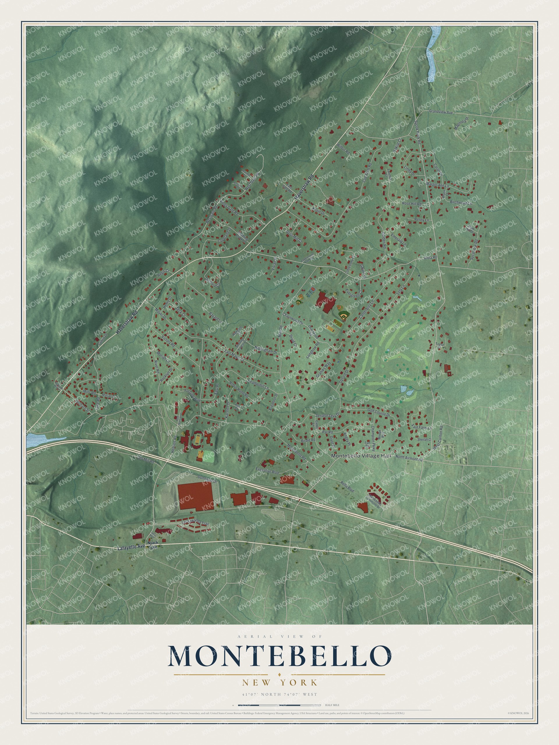 Full map of Montebello, New York, with red buildings, printed street names and the land around them