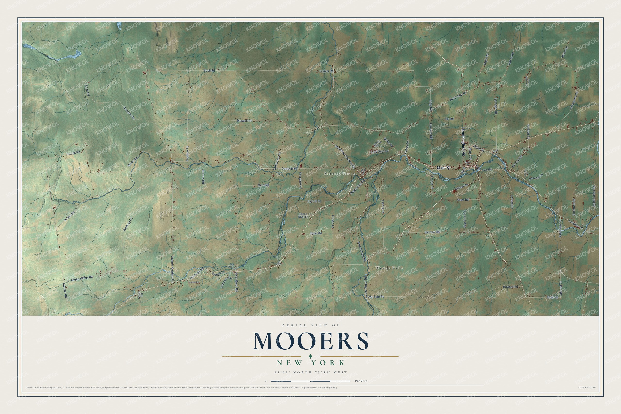 Detailed map of Mooers, New York, showing streets, buildings, and neighborhoods