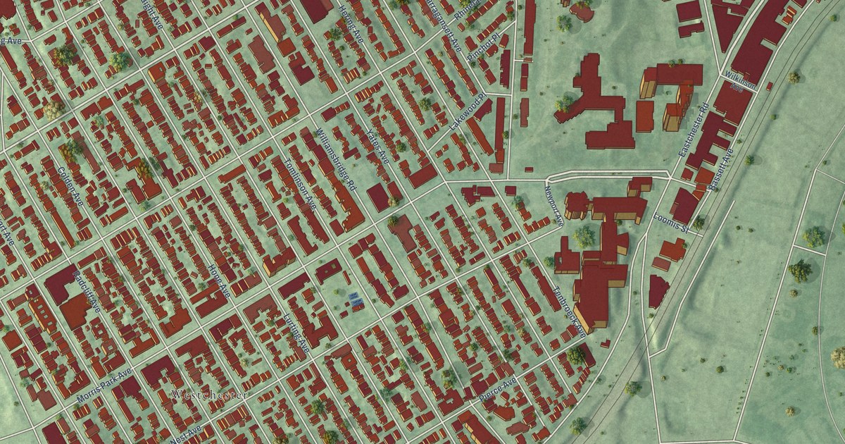 Close-up of streets and buildings in Morris Park, New York
