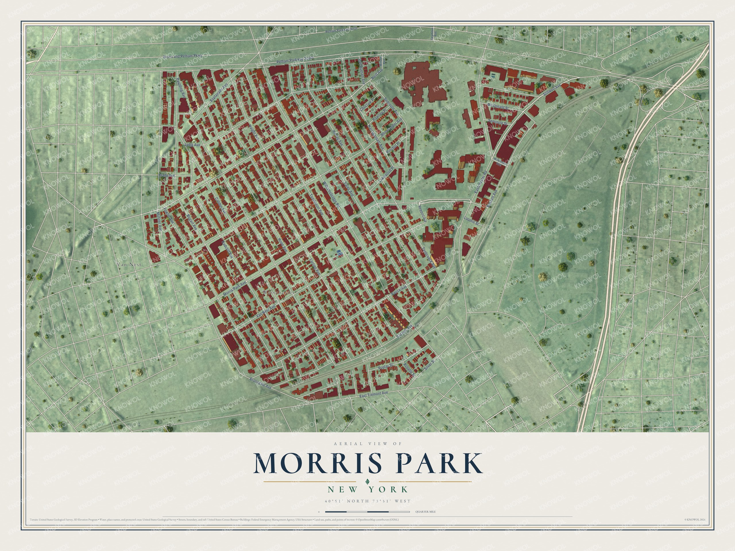 Full map of Morris Park, New York, with red buildings, printed street names and the land around them
