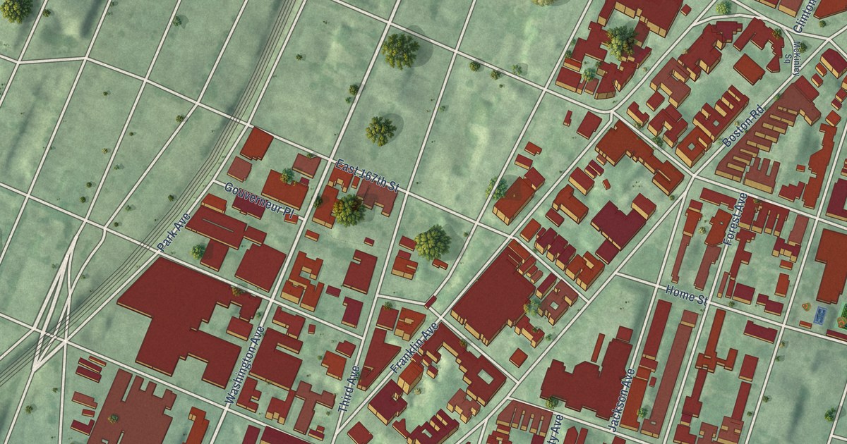 Close-up of streets and buildings in Morrisania, New York