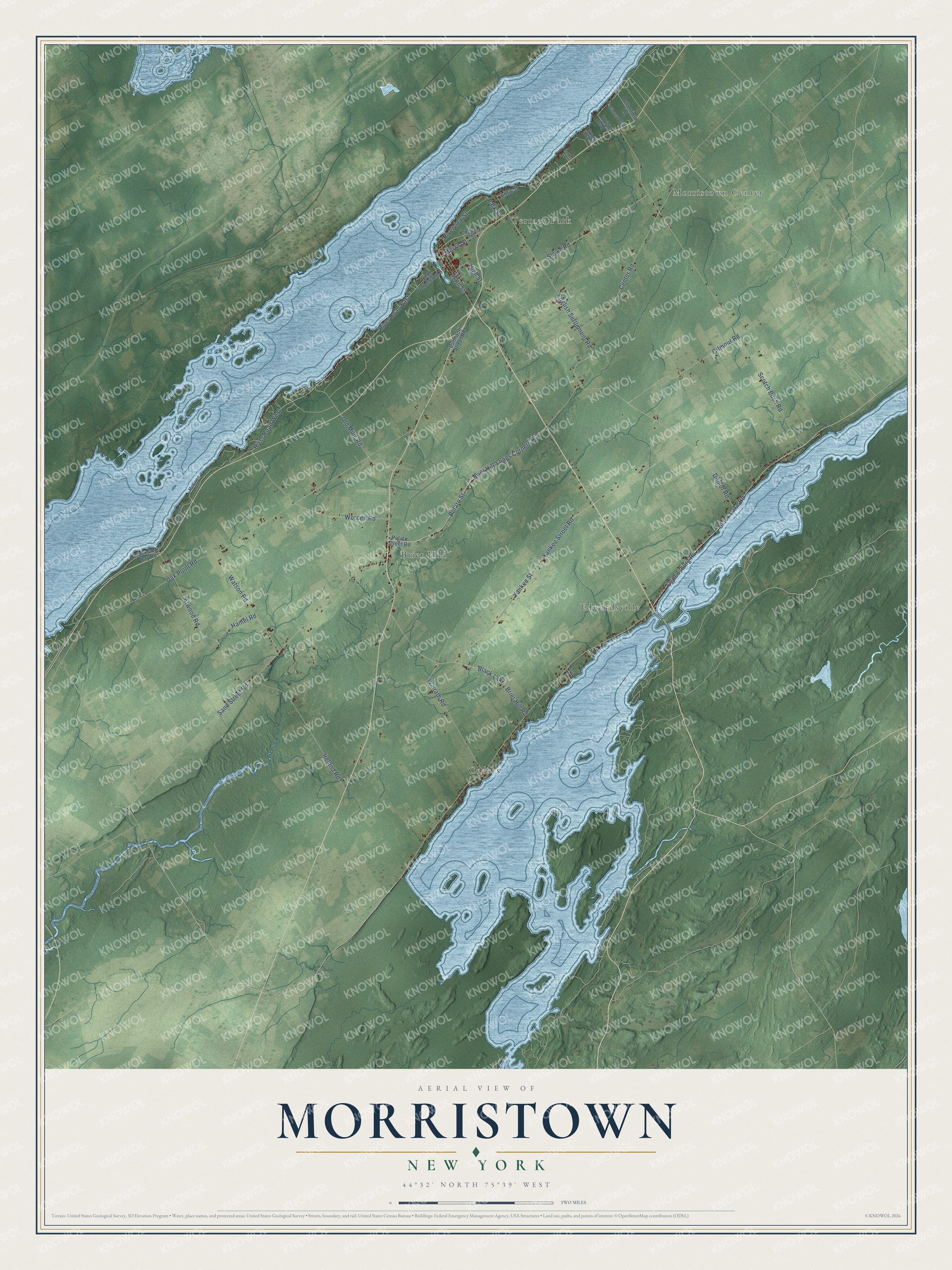 Detailed map of Morristown, New York, showing streets, buildings, neighborhoods, and parks