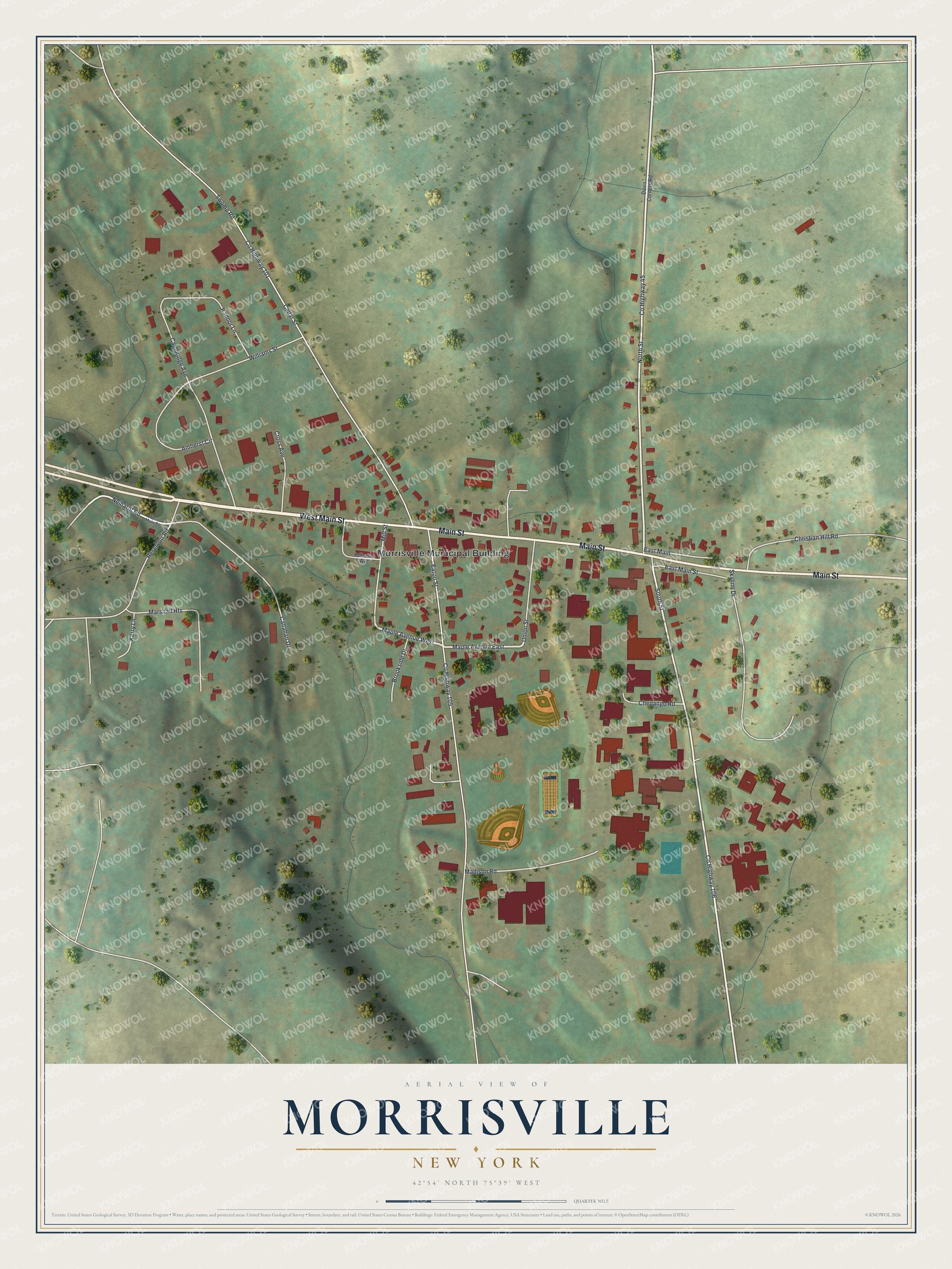 Full map of Morrisville, New York, with red buildings, printed street names and the land around them