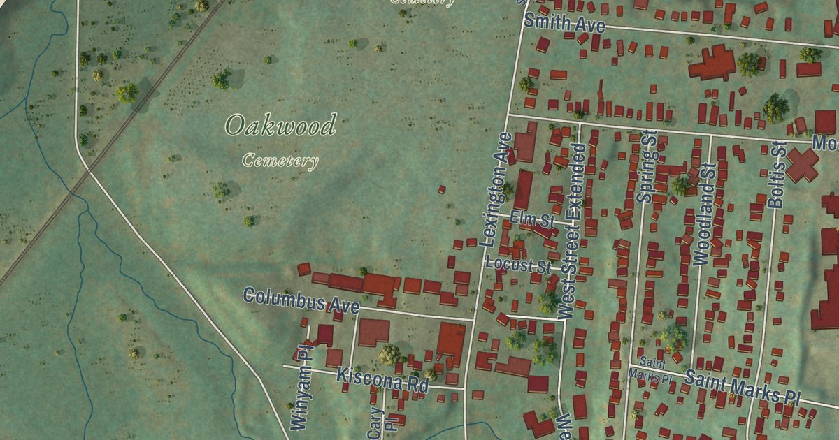 Close-up of streets and buildings in the Town of Mount Kisco, New York