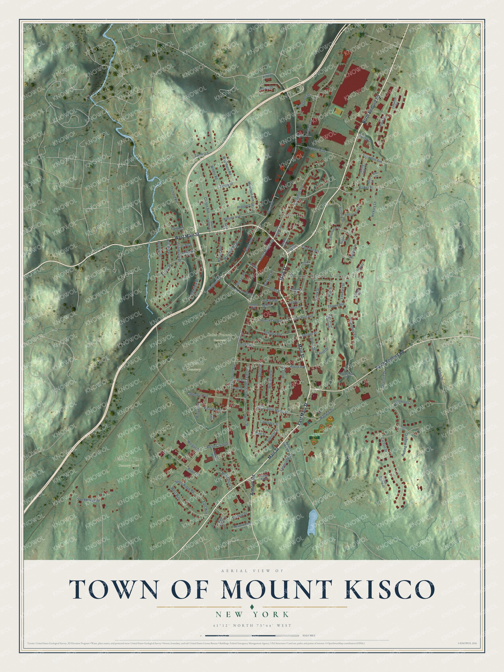 Detailed map of the Town of Mount Kisco, New York, showing streets, buildings, and parks