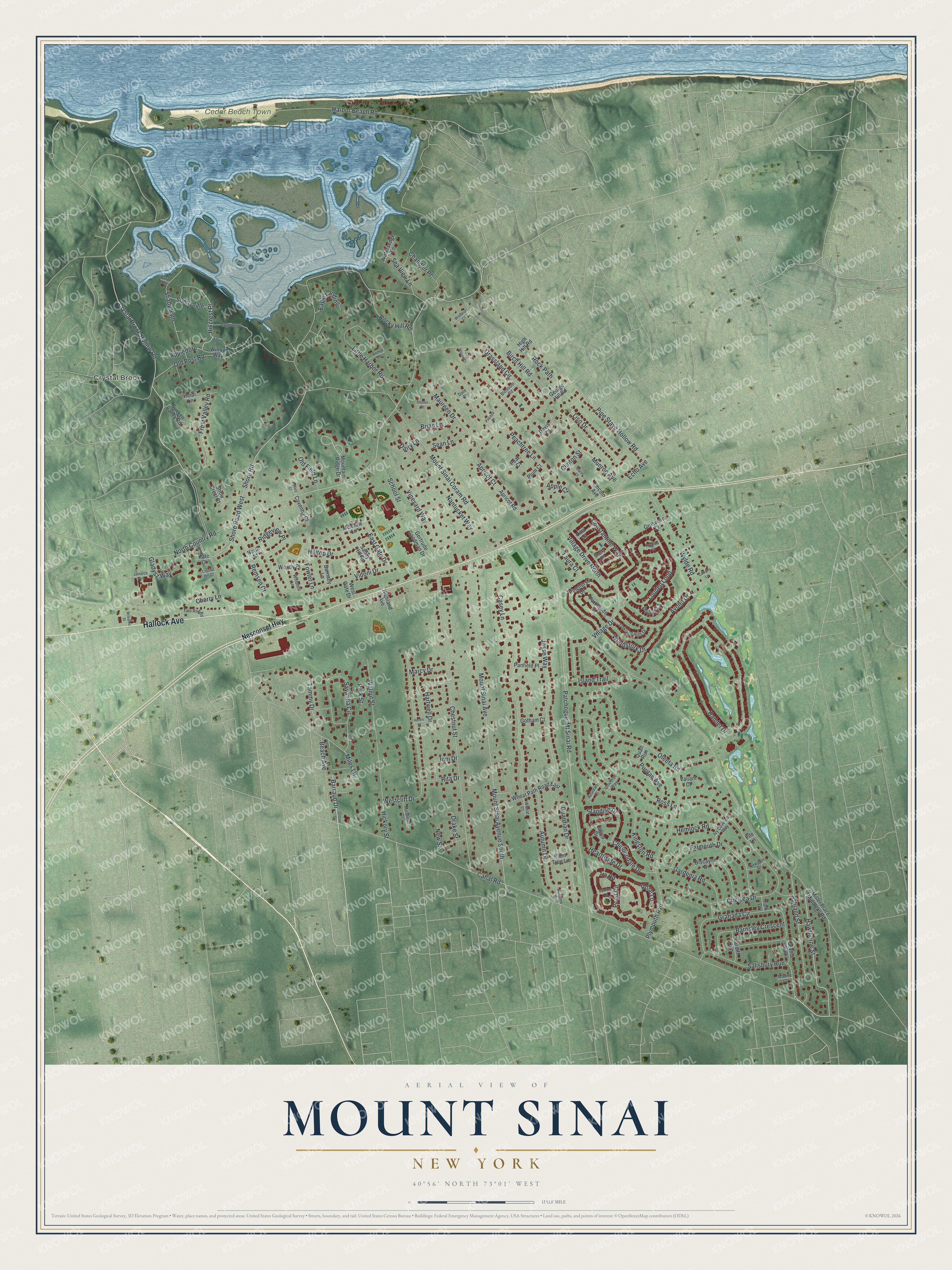 Full map of Mount Sinai, New York, with red buildings, printed street names and the land around them