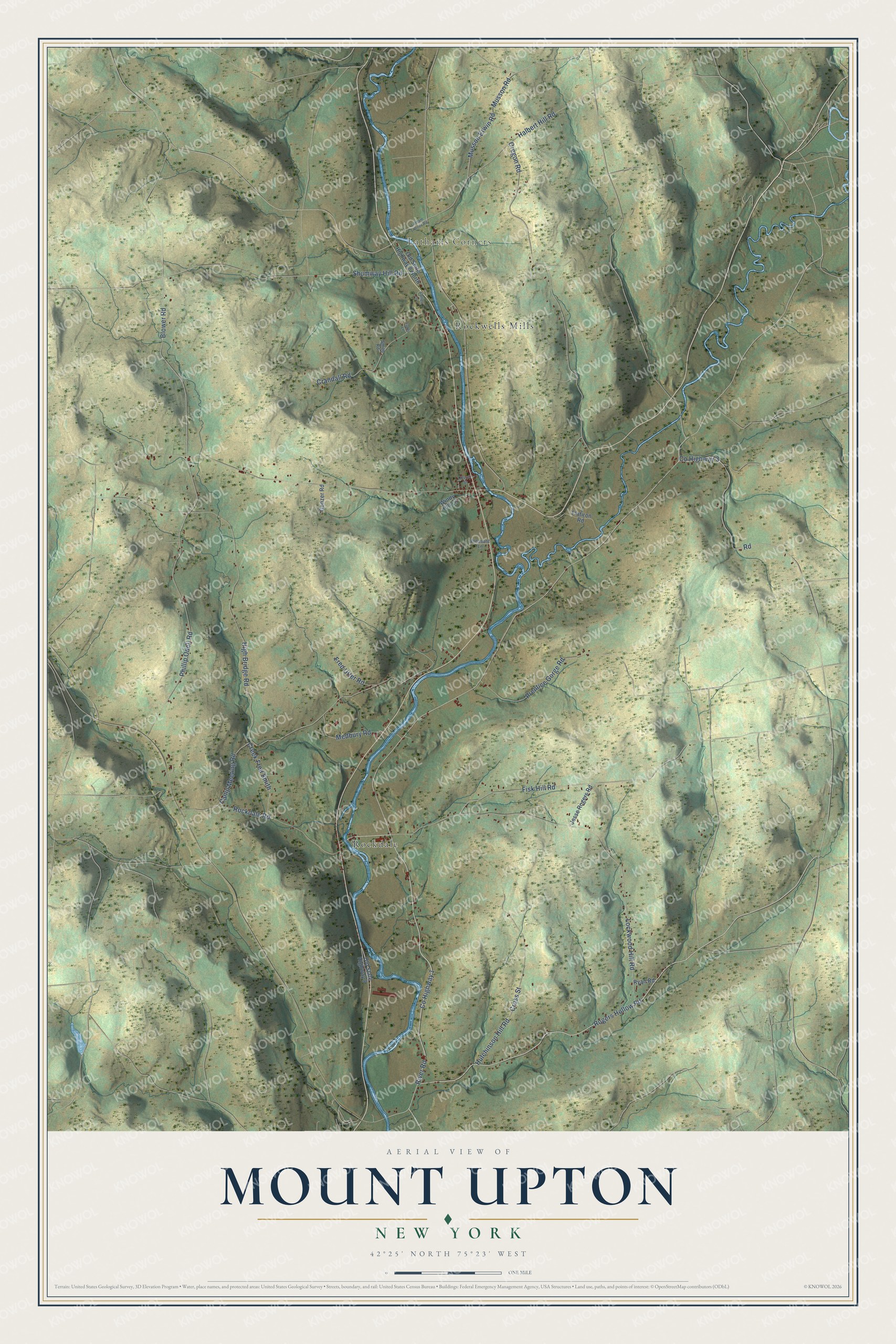Full map of Mount Upton, New York, with red buildings, printed street names and the land around them