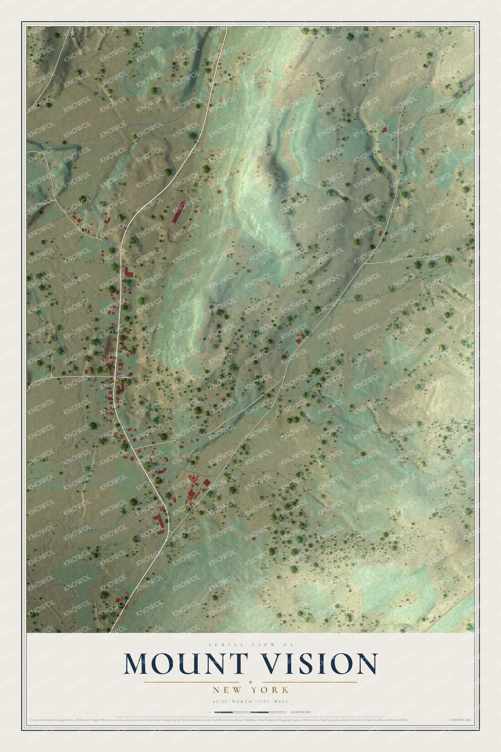 Full map of Mount Vision, New York, with red buildings, printed street names and the land around them