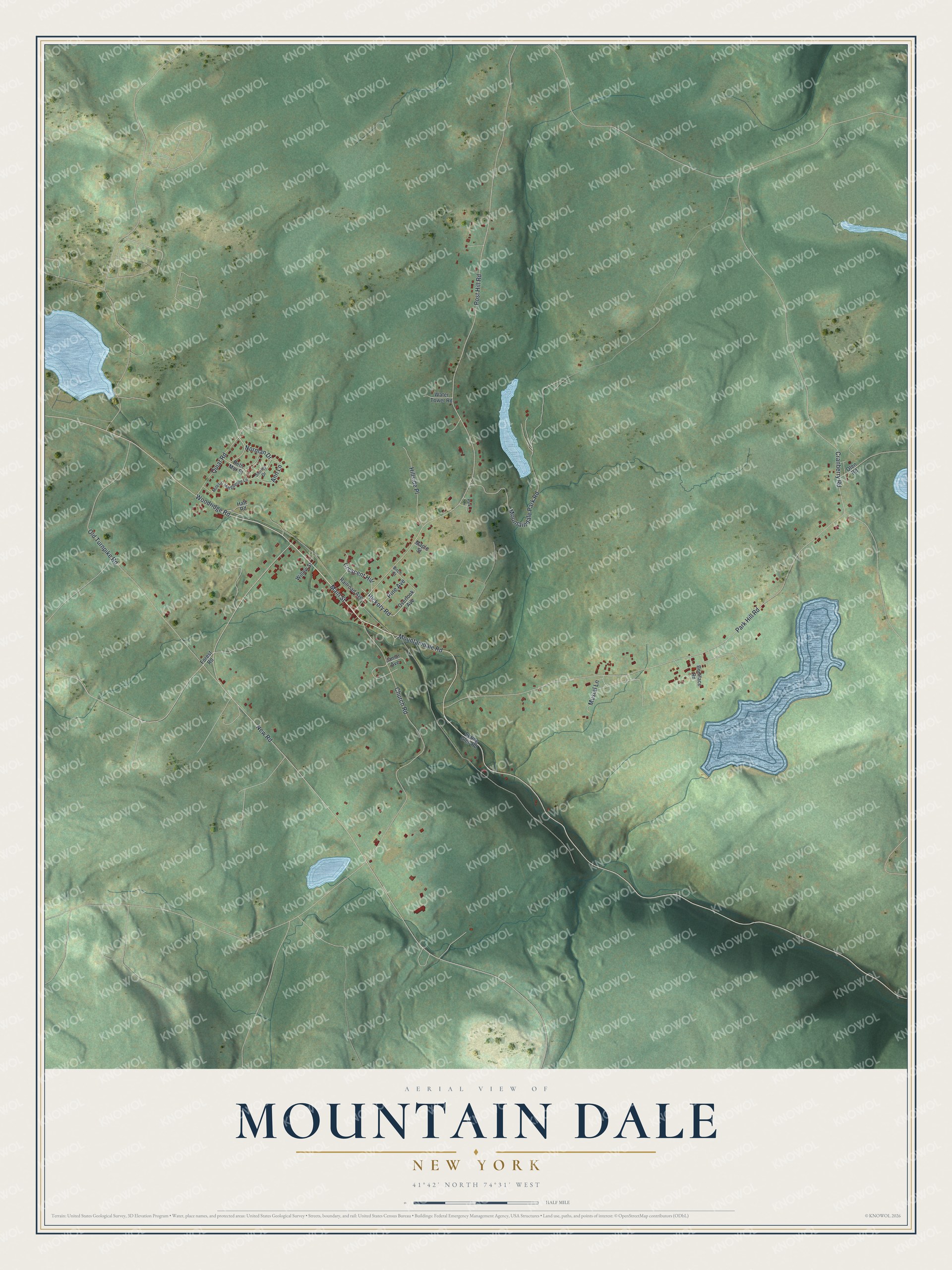 Full map of Mountain Dale, New York, with red buildings, printed street names and the land around them
