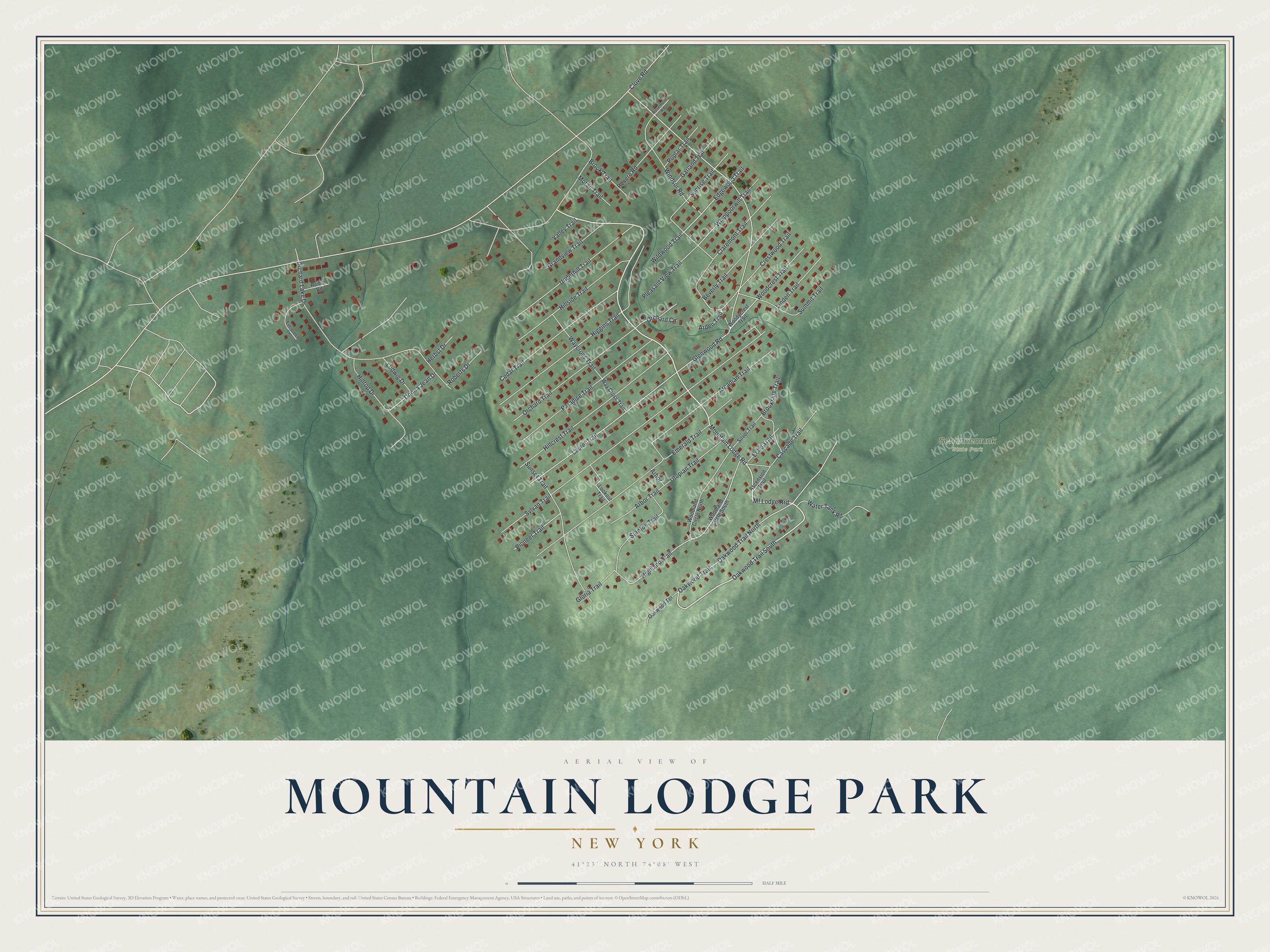 Full map of Mountain Lodge Park, New York, with red buildings, printed street names and the land around them