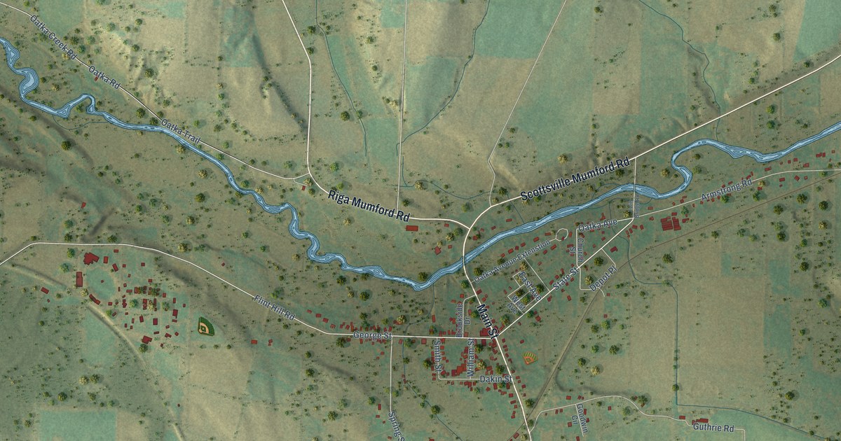 Close-up of streets and buildings in Mumford, New York