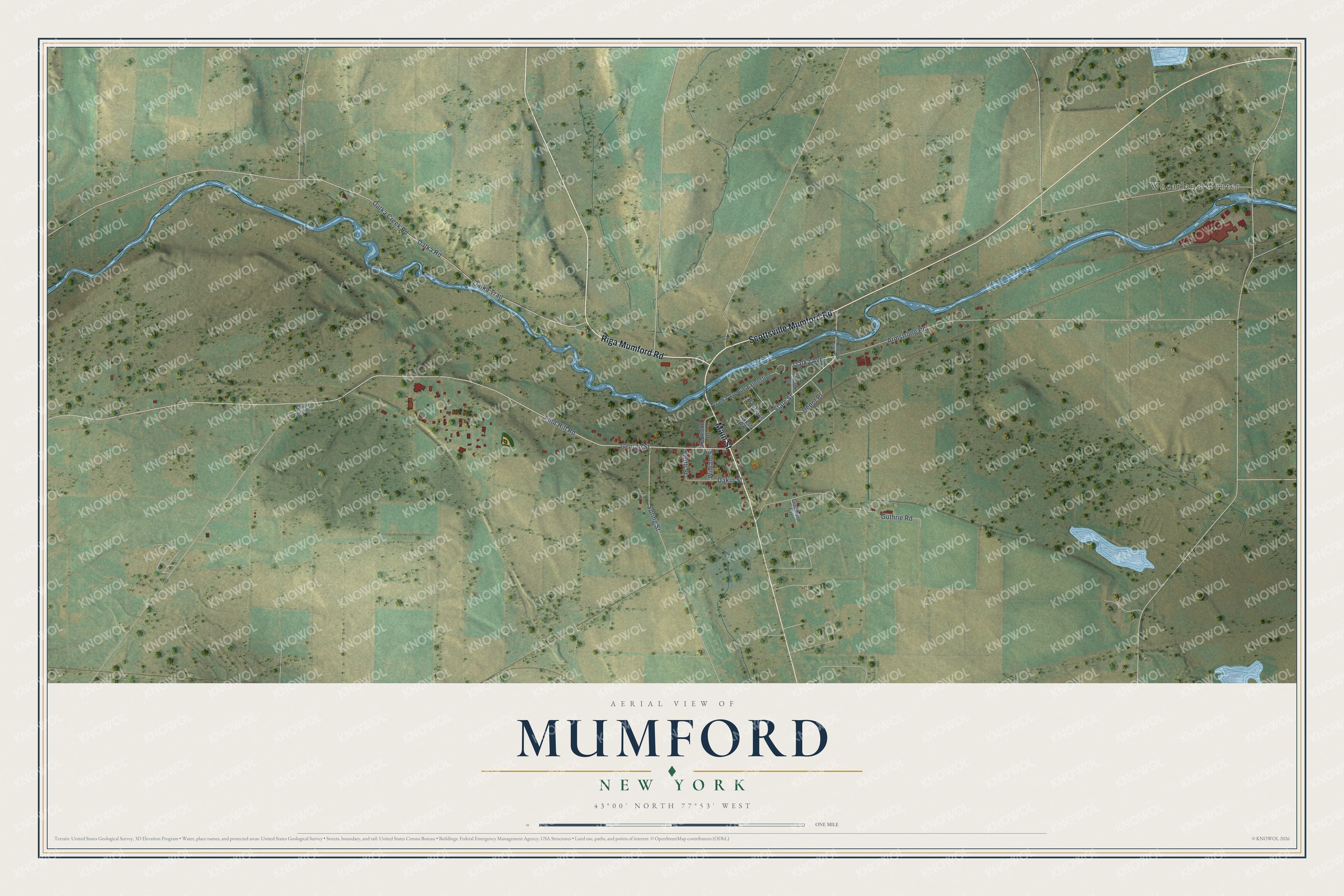 Full map of Mumford, New York, with red buildings, printed street names and the land around them