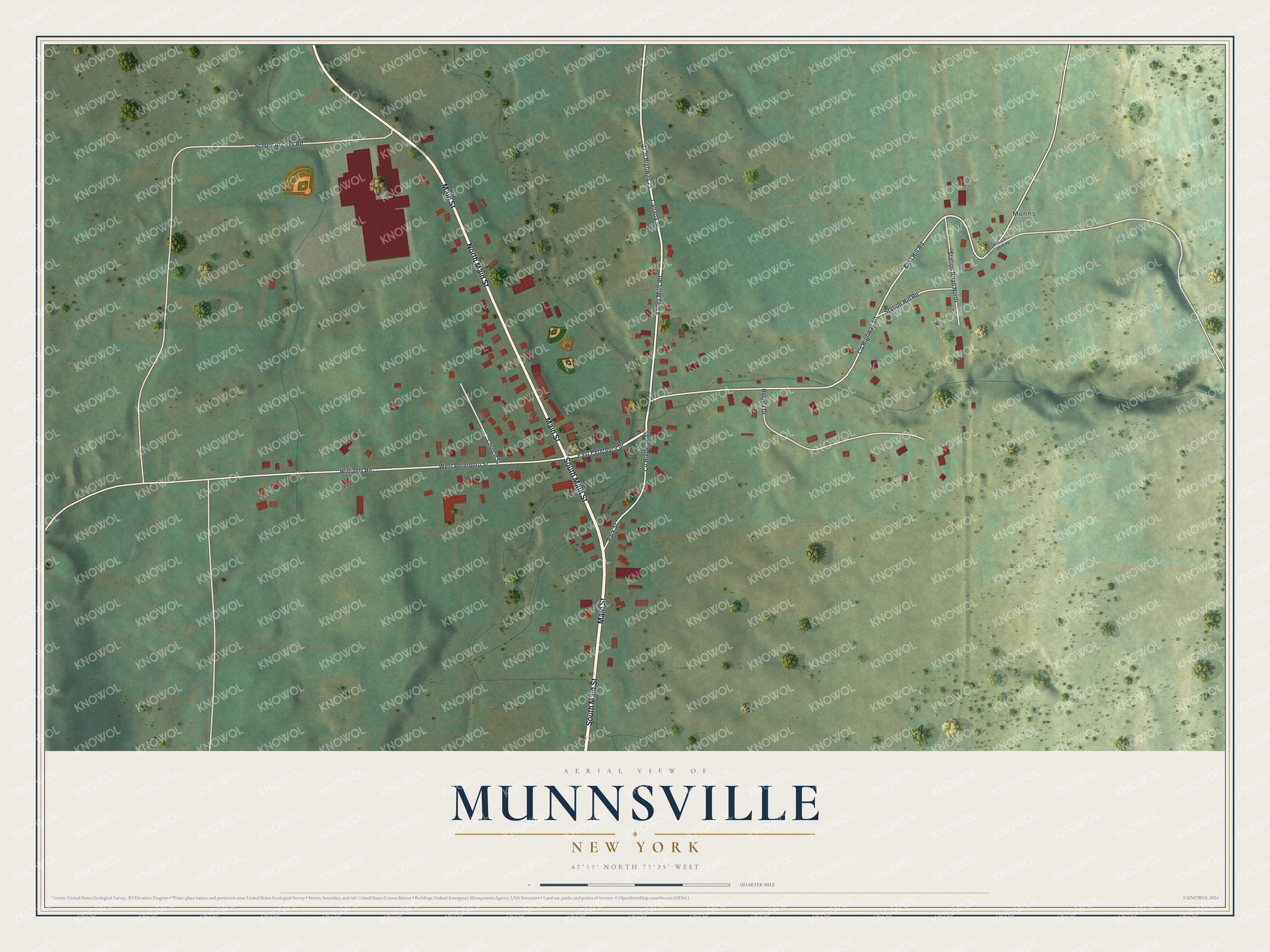 Full map of Munnsville, New York, with red buildings, printed street names and the land around them