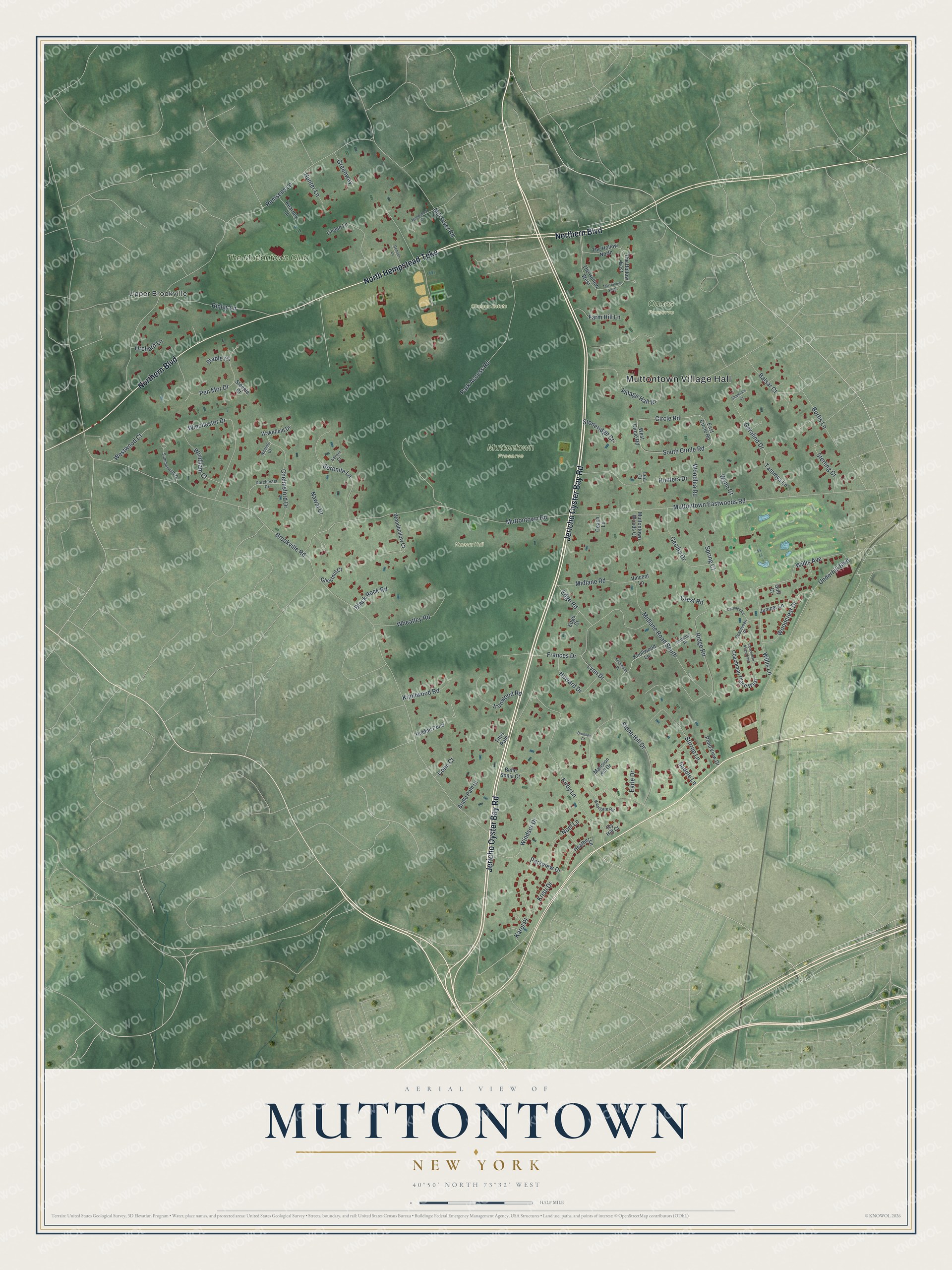 Full map of Muttontown, New York, with red buildings, printed street names and the land around them