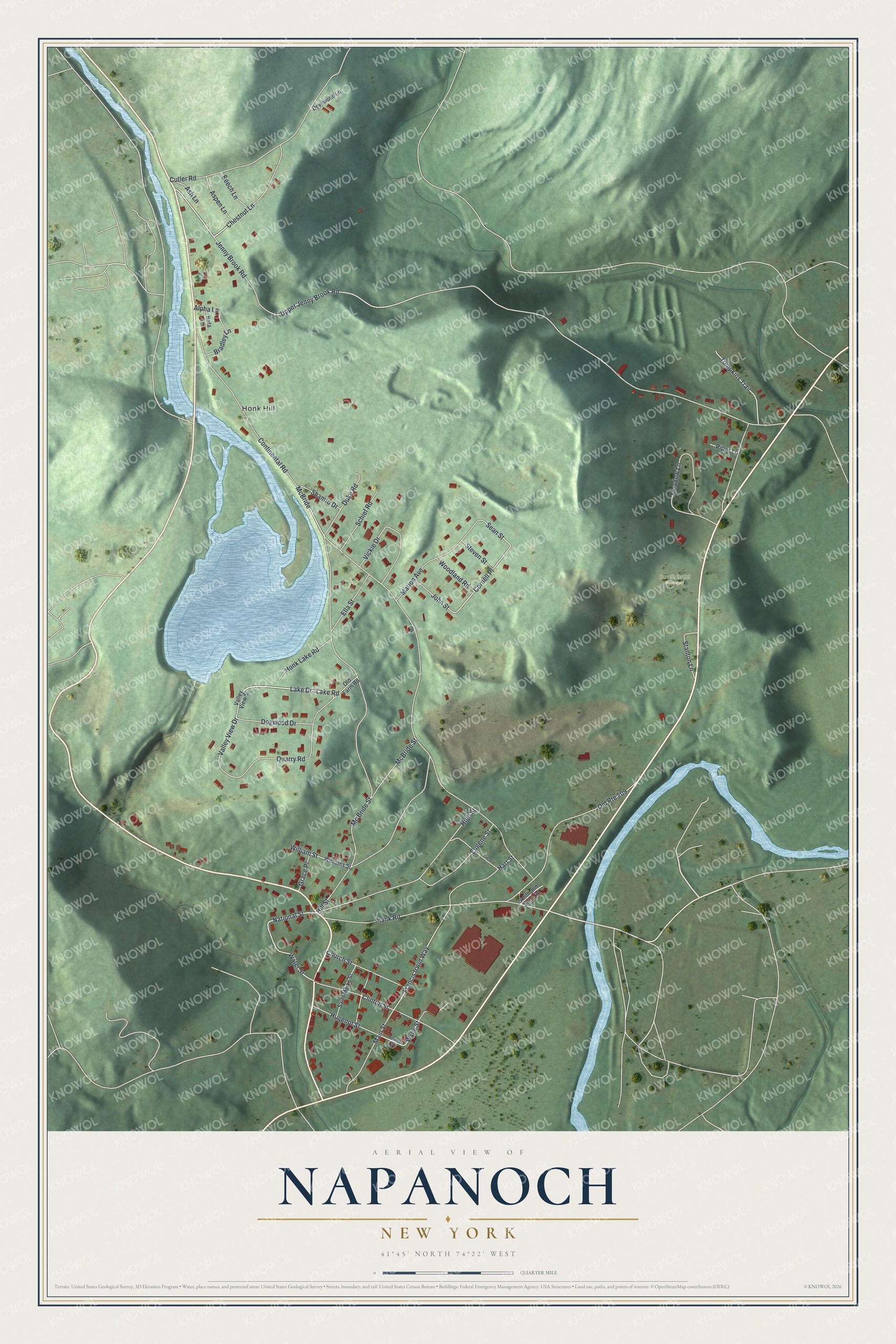 Full map of Napanoch, New York, with red buildings, printed street names and the land around them