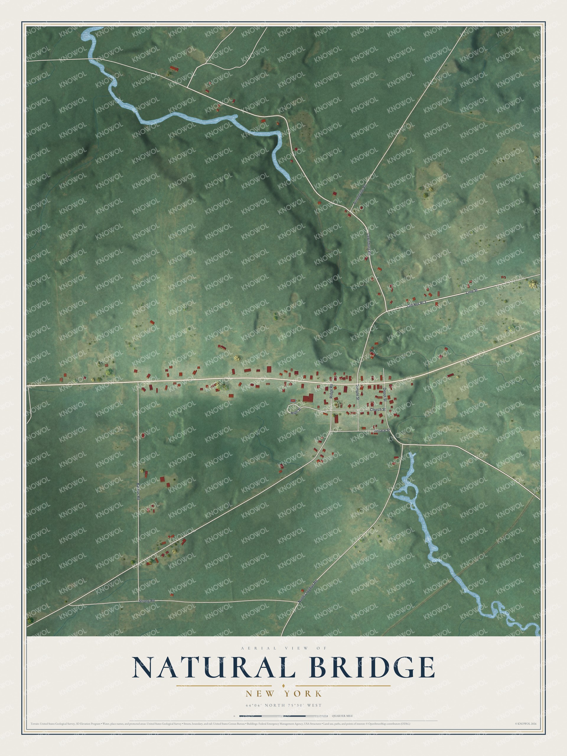 Full map of Natural Bridge, New York, with red buildings, printed street names and the land around them