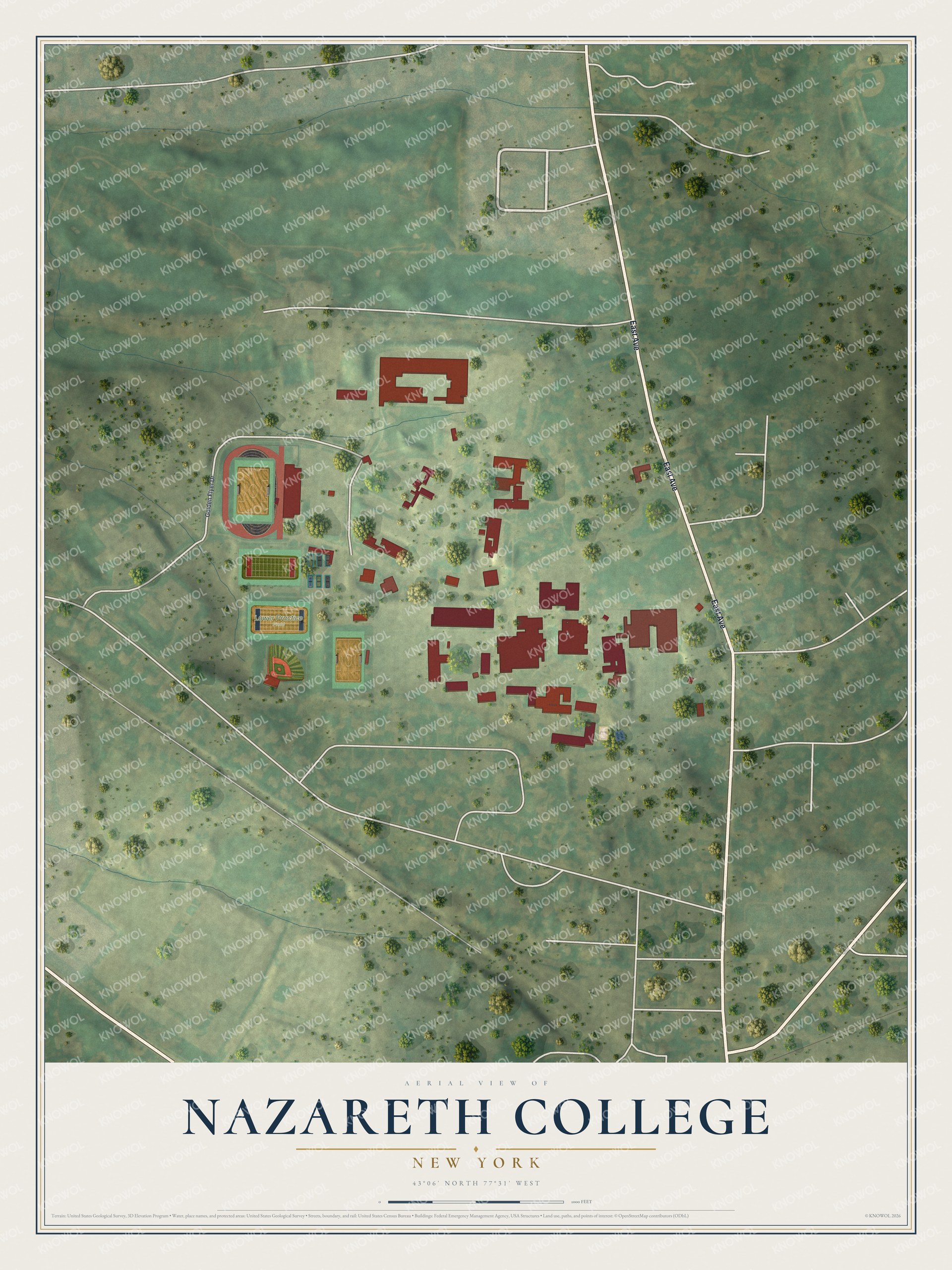 Full map of Nazareth College, New York, with red buildings, printed street names and the land around them