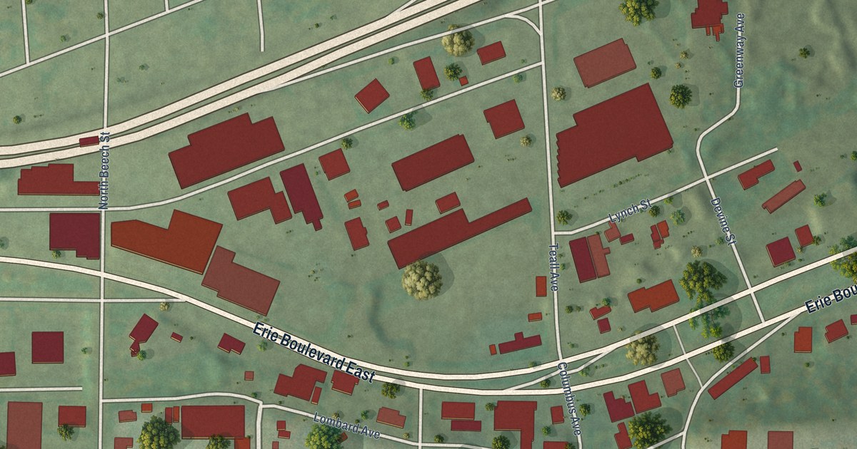 Close-up of streets and buildings in Near Eastside, New York