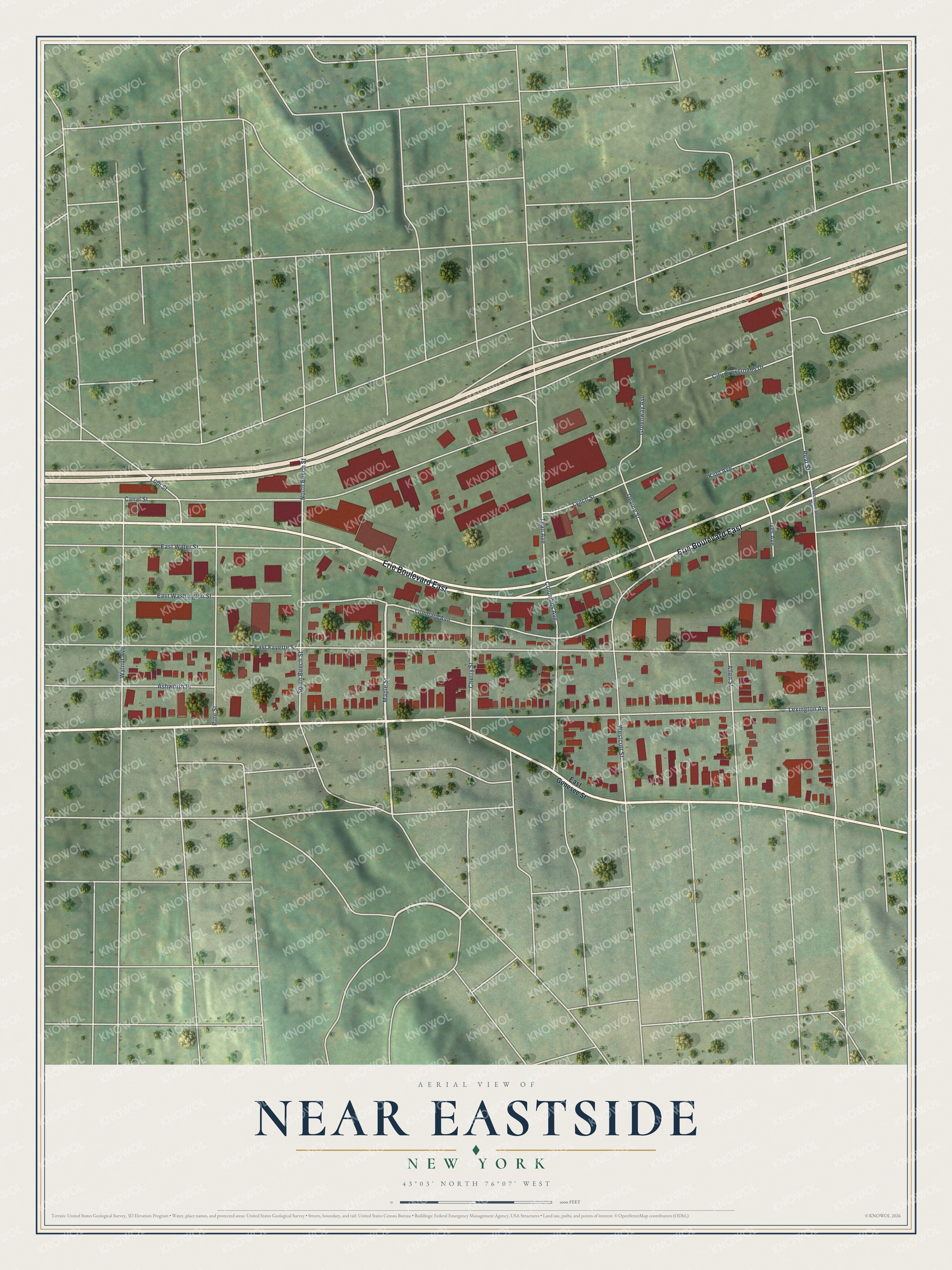 Full map of Near Eastside, New York, with red buildings, printed street names and the land around them