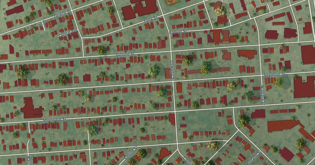 Close-up of streets and buildings in Near Westside, New York