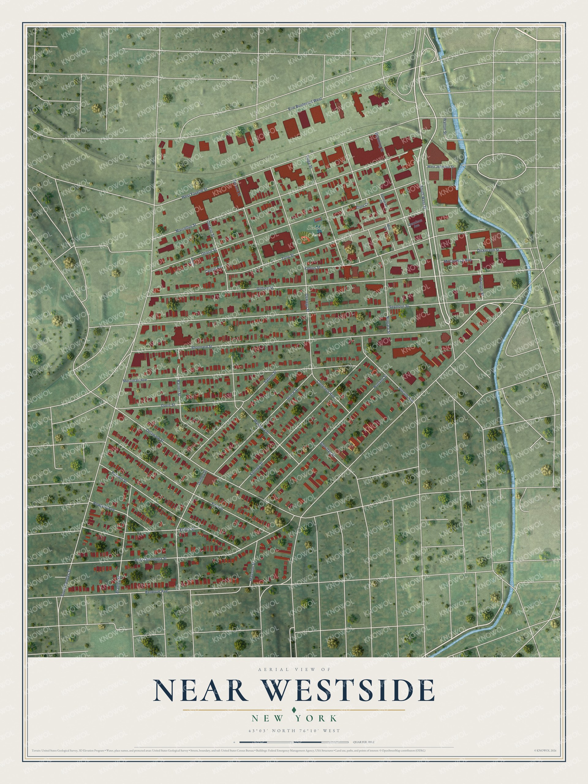 Full map of Near Westside, New York, with red buildings, printed street names and the land around them