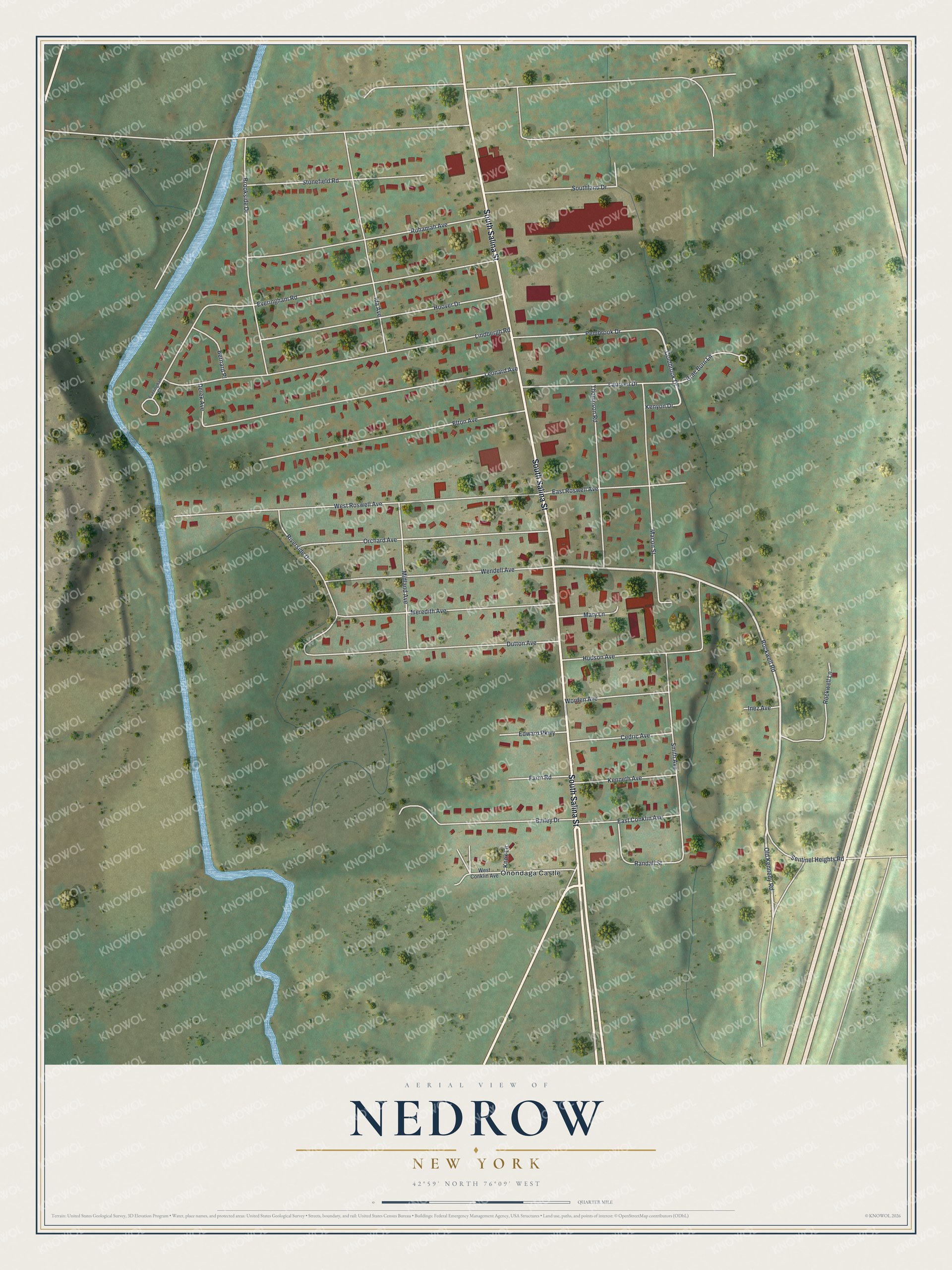 Full map of Nedrow, New York, with red buildings, printed street names and the land around them