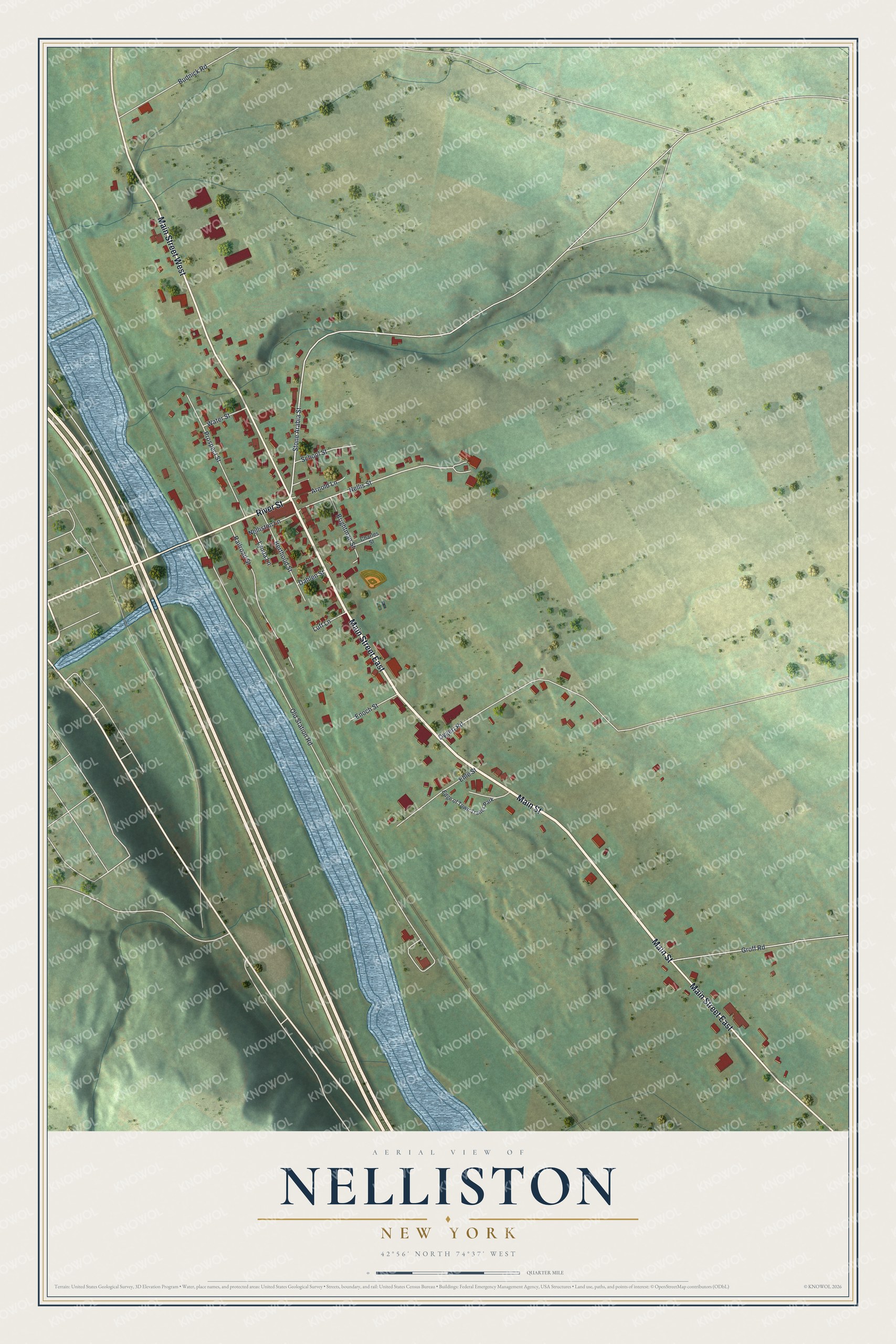 Full map of Nelliston, New York, with red buildings, printed street names and the land around them