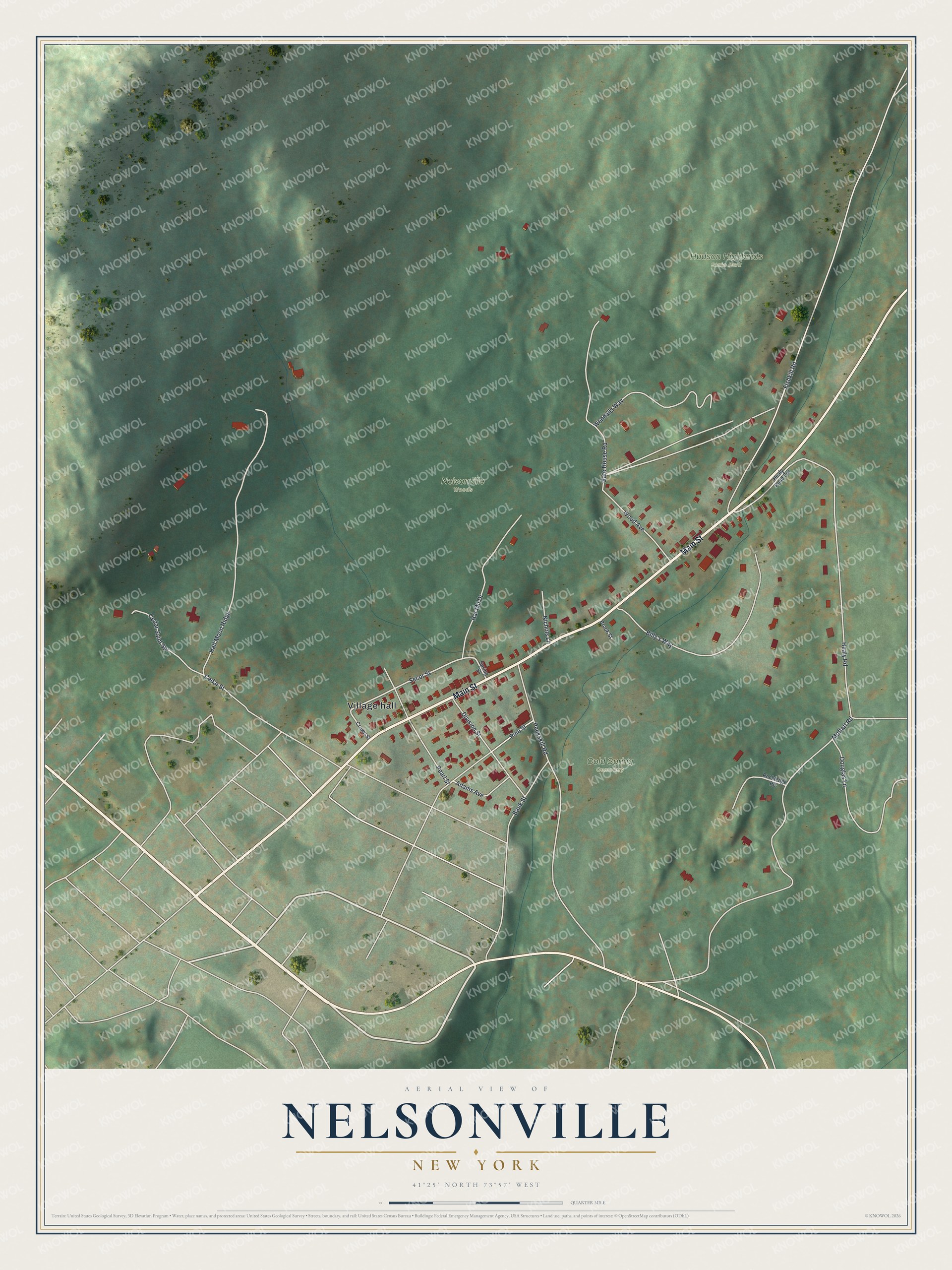 Full map of Nelsonville, New York, with red buildings, printed street names and the land around them