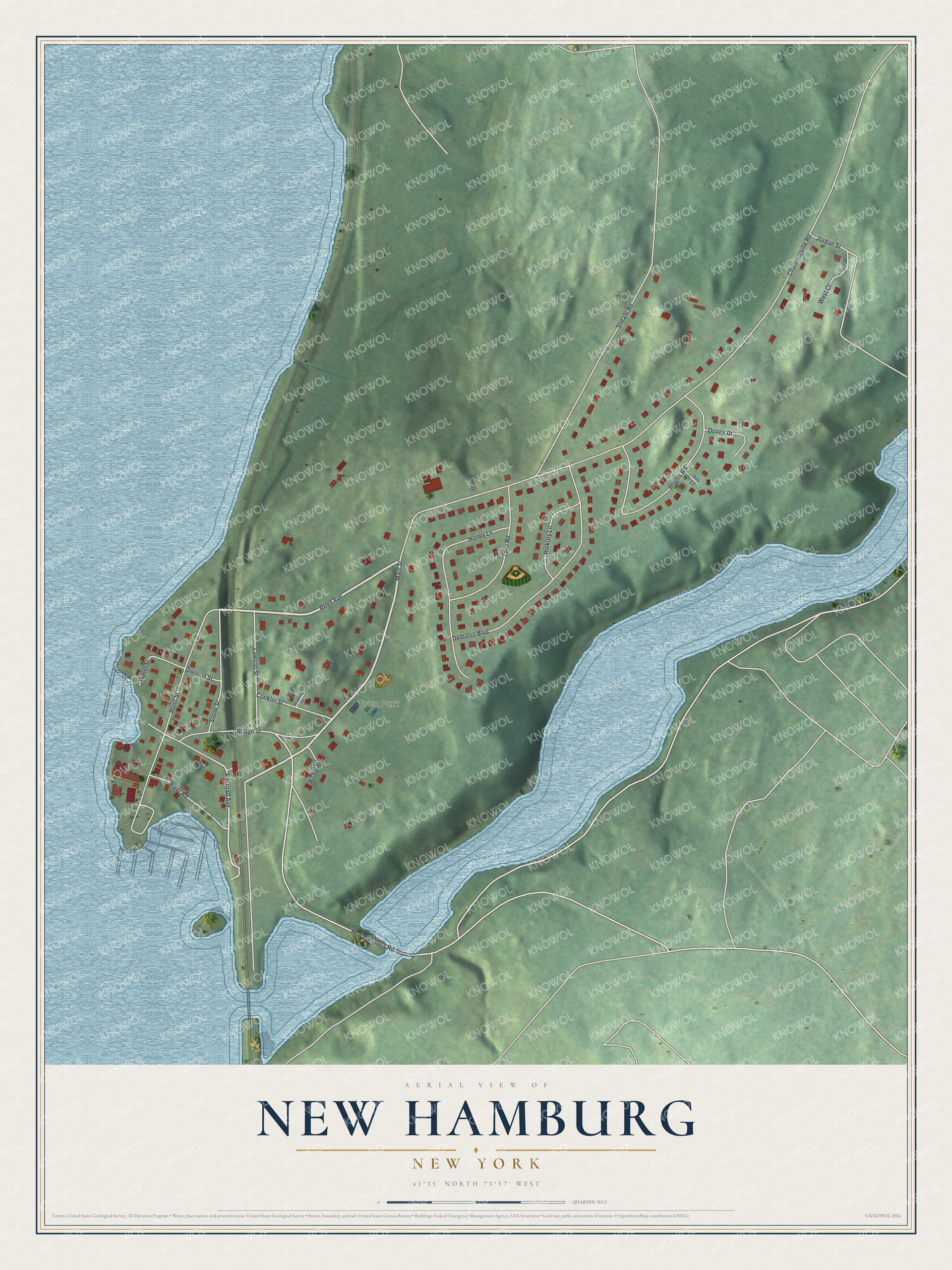 Full map of New Hamburg, New York, with red buildings, printed street names and the land around them