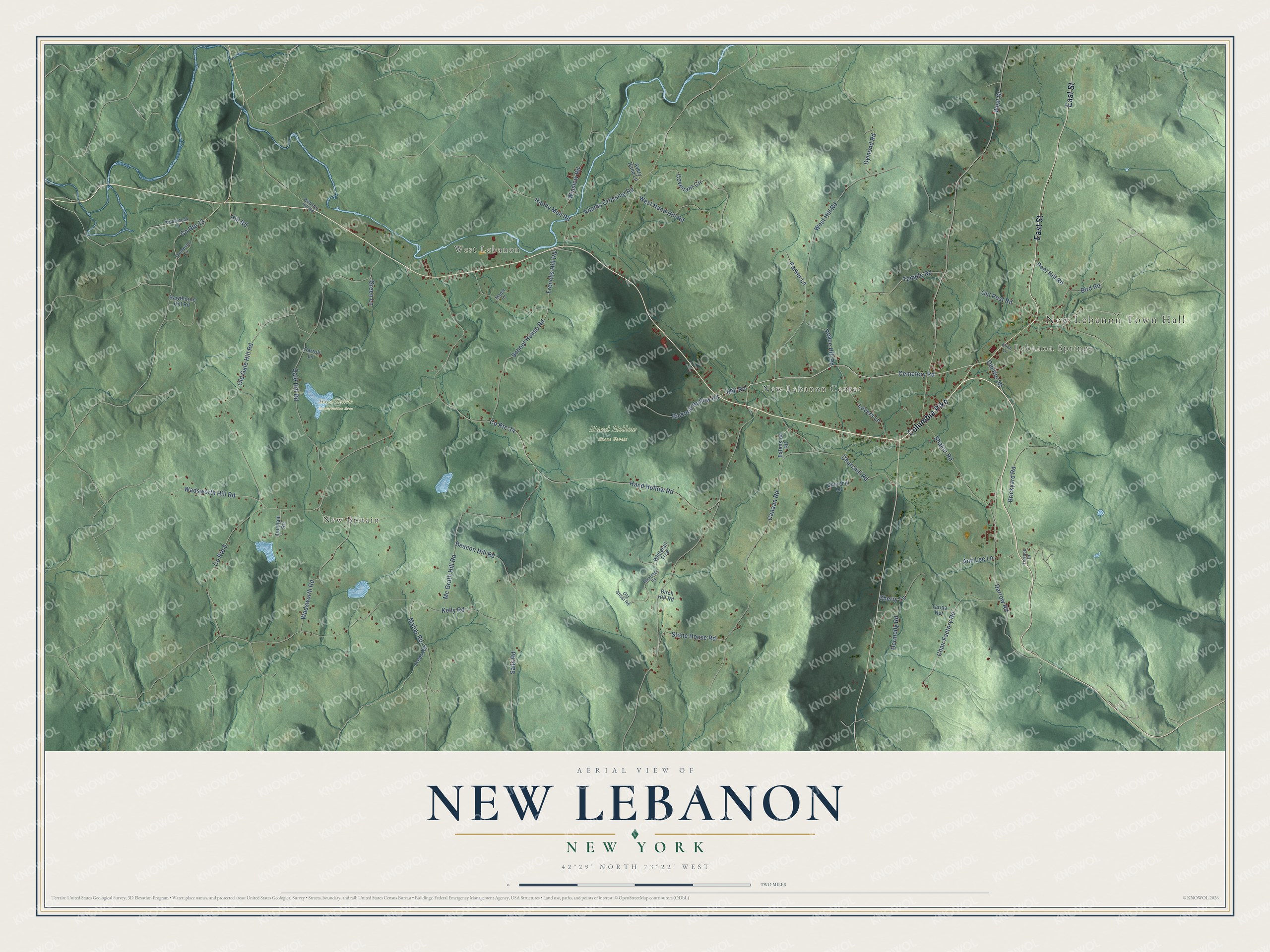Detailed map of New Lebanon, New York, showing streets, buildings, neighborhoods, and parks