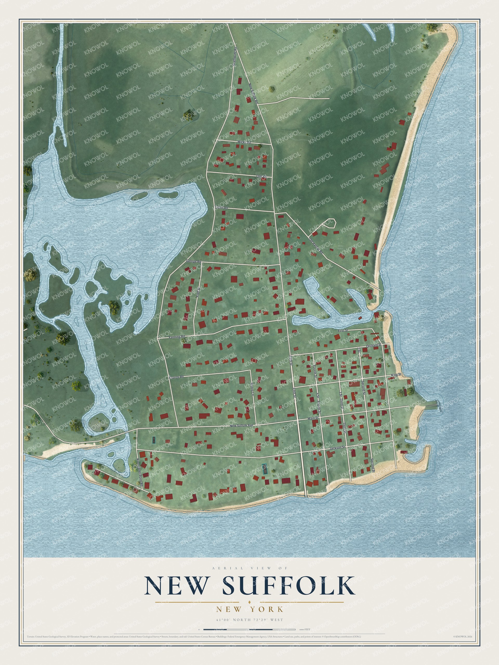 Full map of New Suffolk, New York, with red buildings, printed street names and the land around them