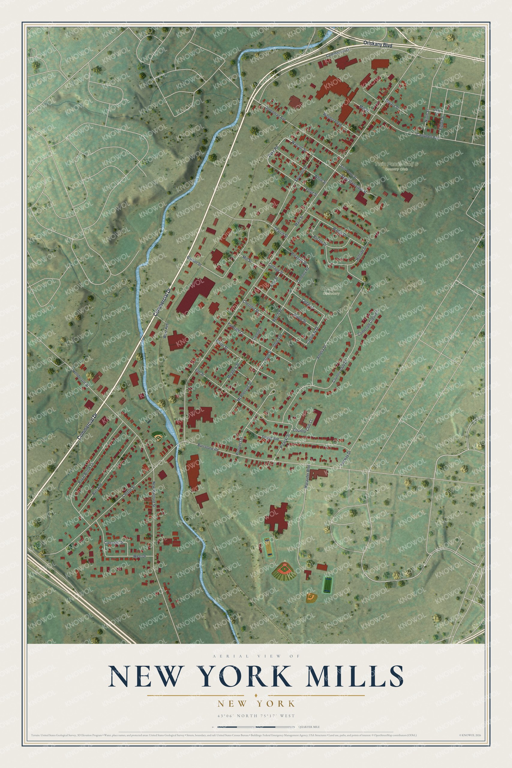 Full map of New York Mills, New York, with red buildings, printed street names and the land around them