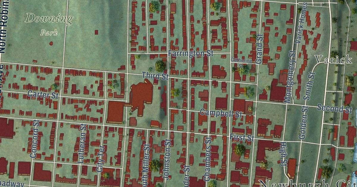 Close-up of streets and buildings in the City of Newburgh, Orange County, New York