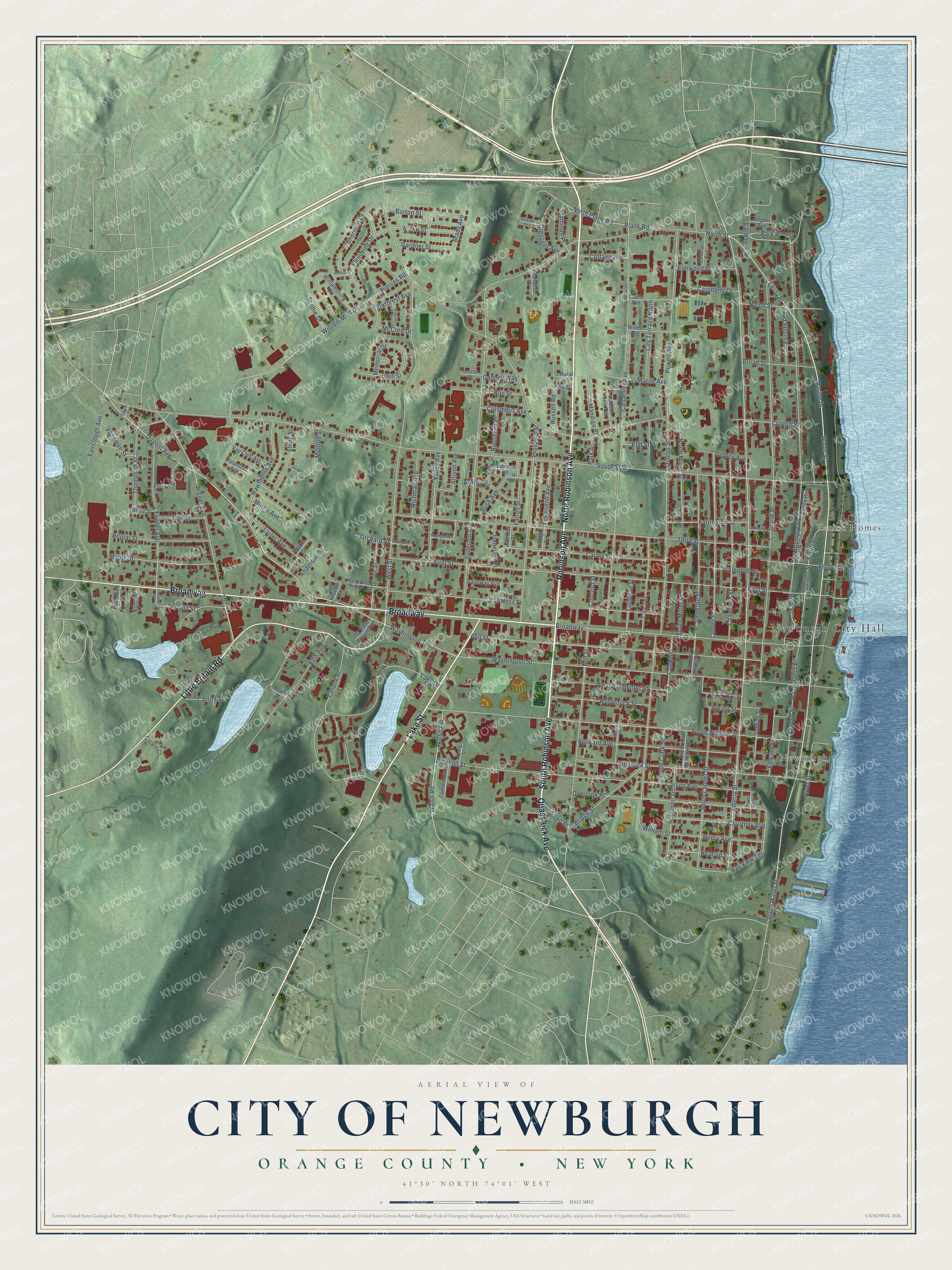 Detailed map of the City of Newburgh, Orange County, New York, showing streets, buildings, and parks