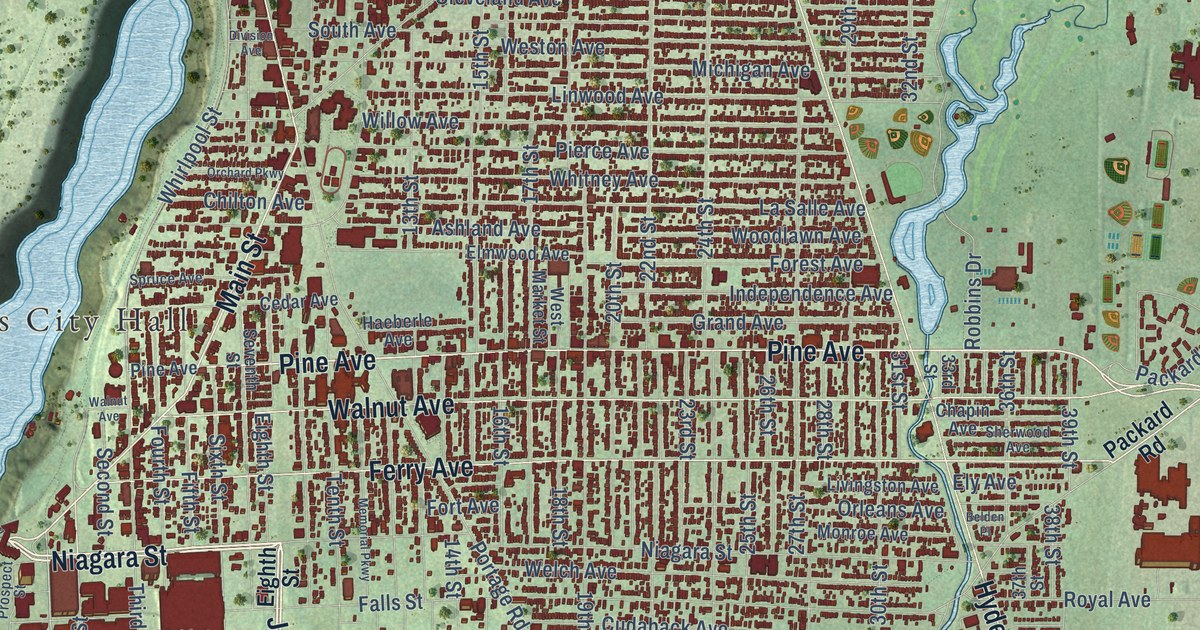 Close-up of streets and buildings in Niagara Falls, New York