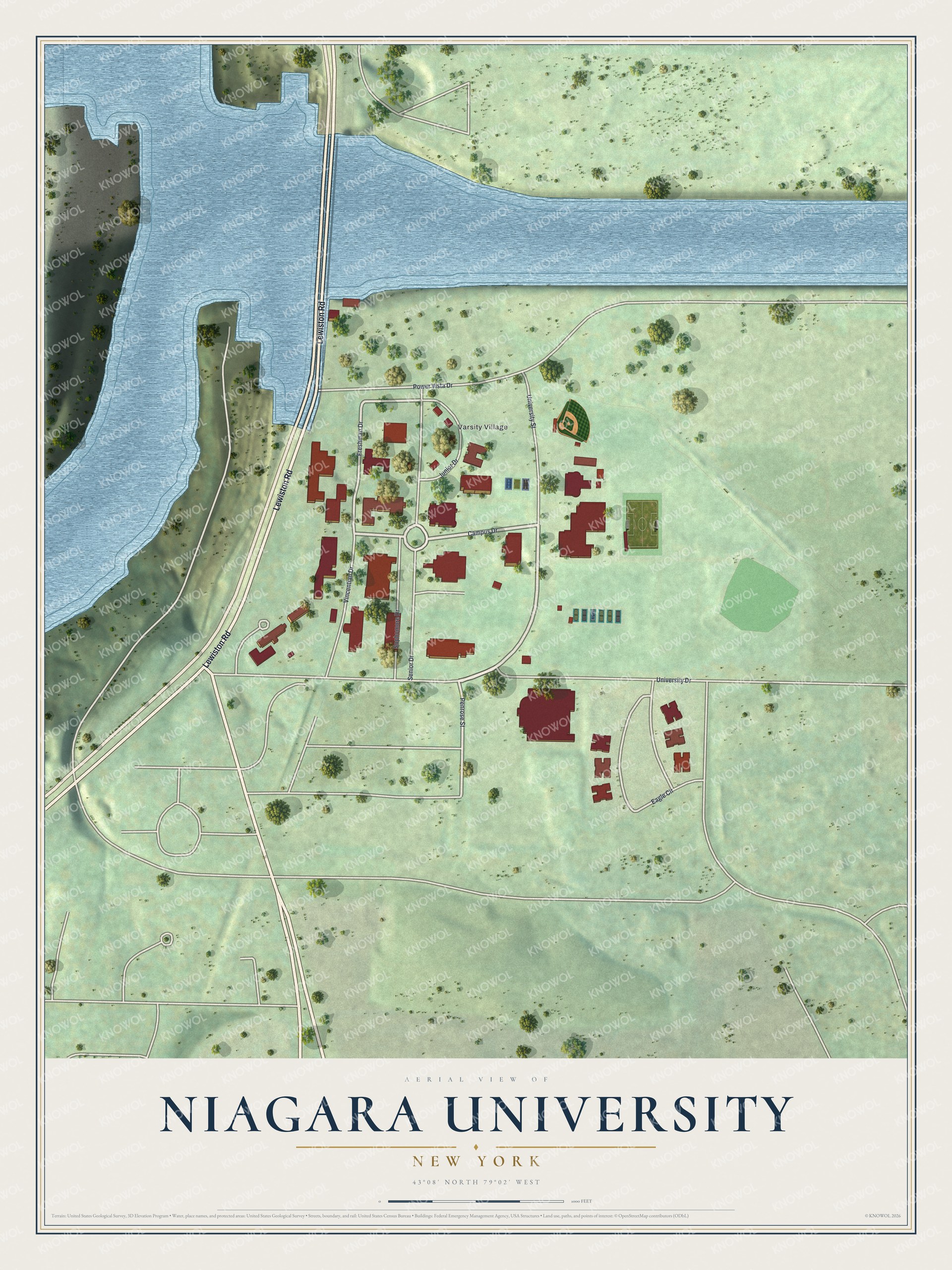 Full map of Niagara University, New York, with red buildings, printed street names and the land around them