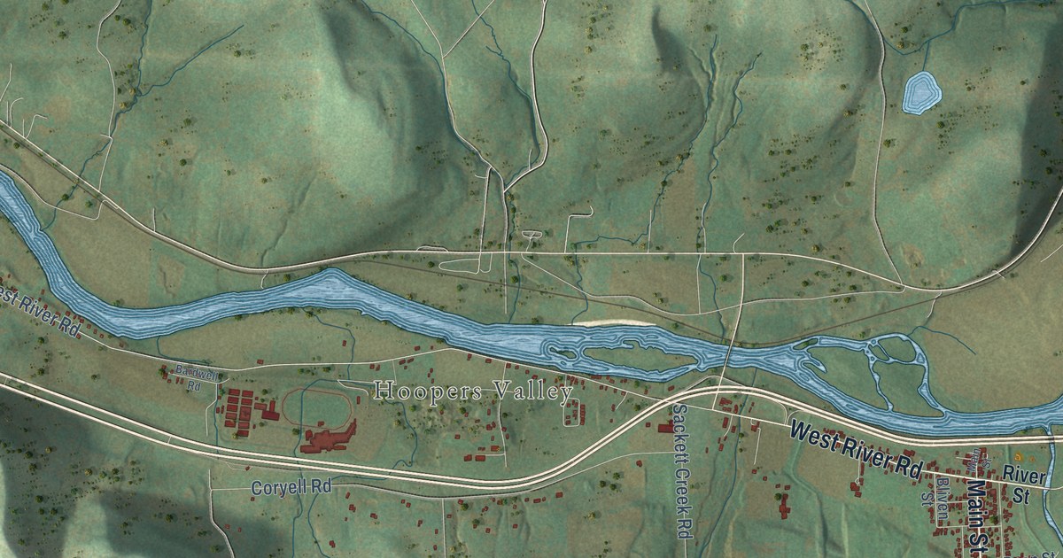 Close-up of streets and buildings in Nichols, New York