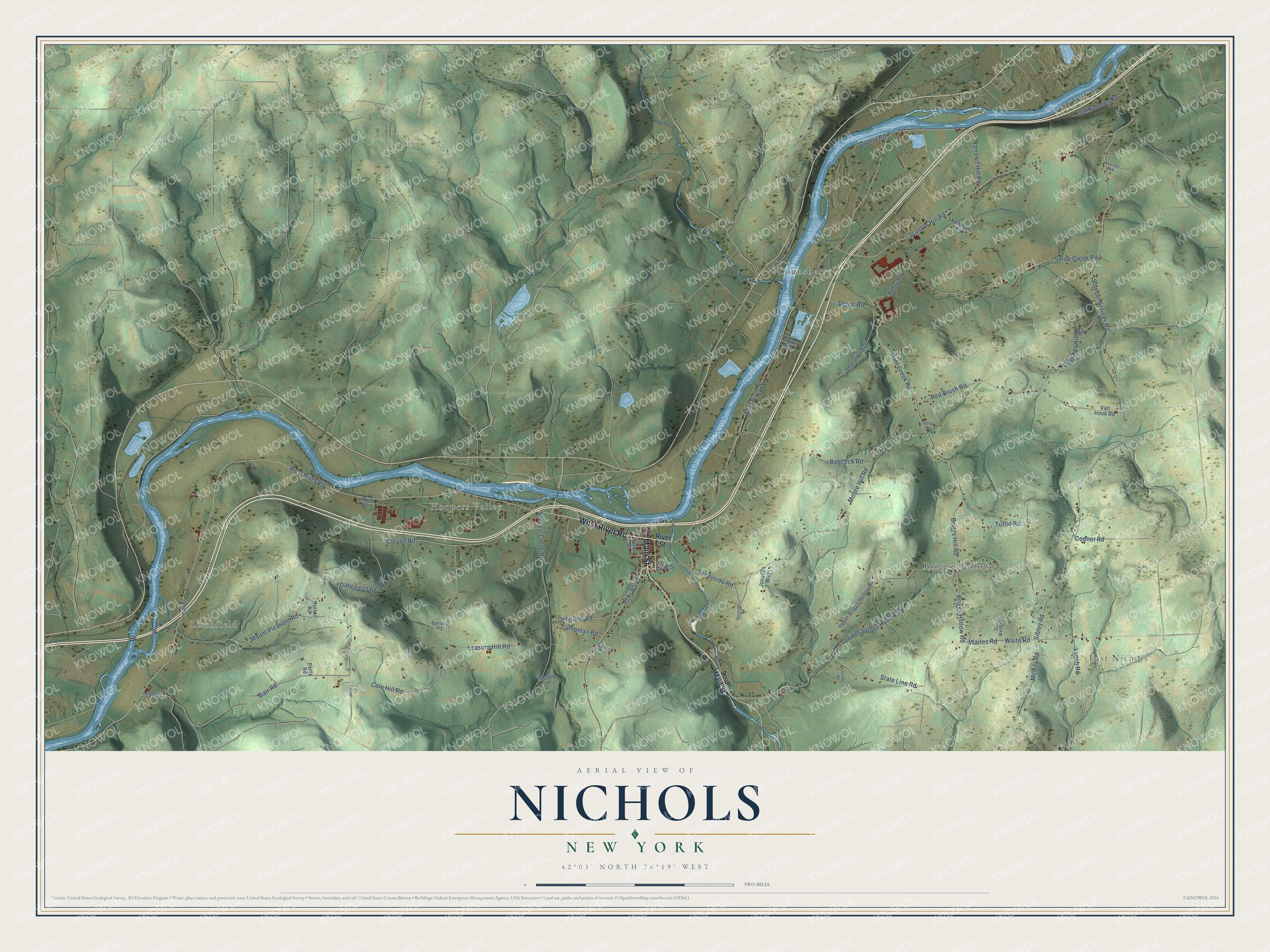 Detailed map of Nichols, New York, showing streets, buildings, and neighborhoods