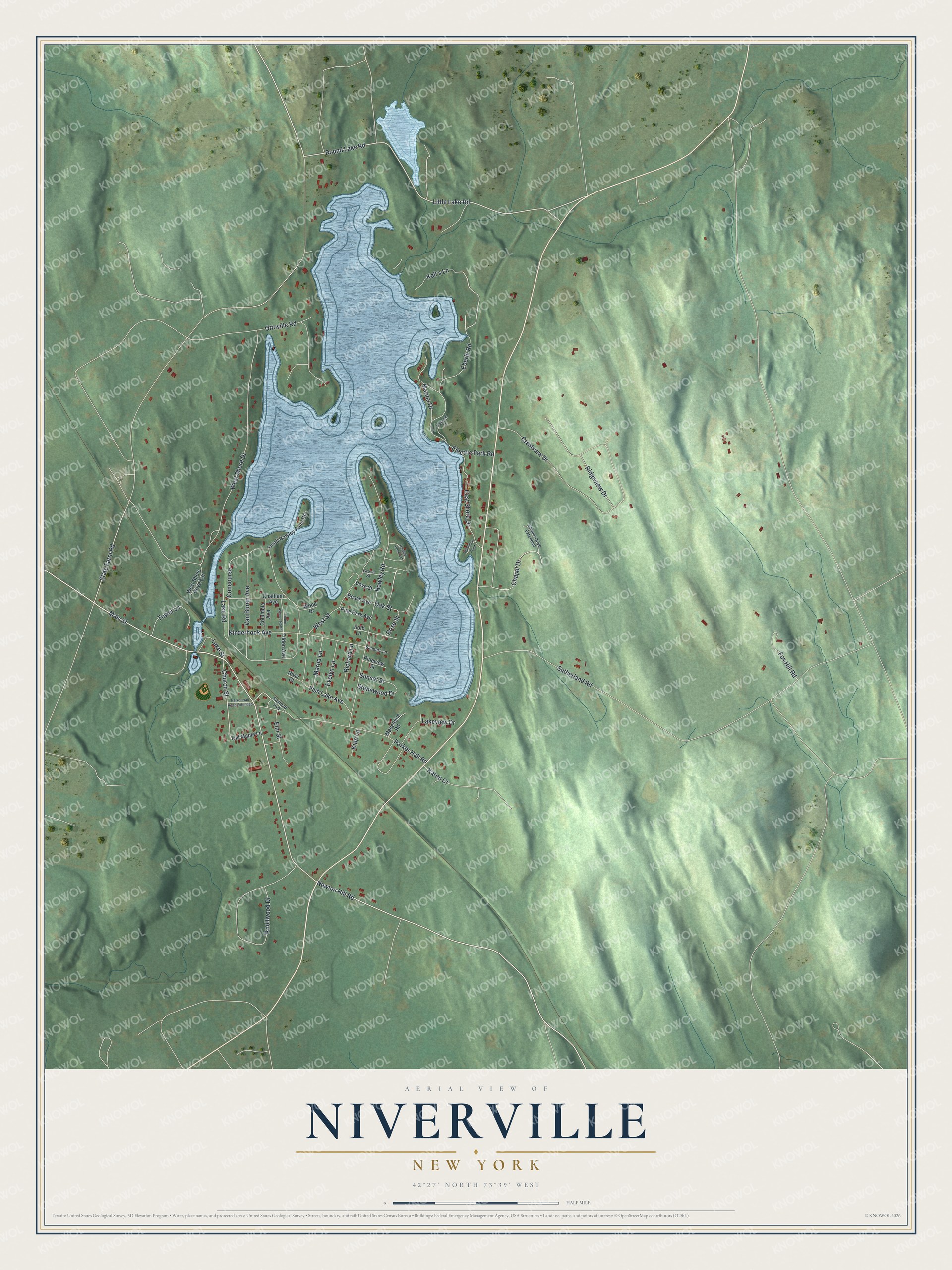 Full map of Niverville, New York, with red buildings, printed street names and the land around them
