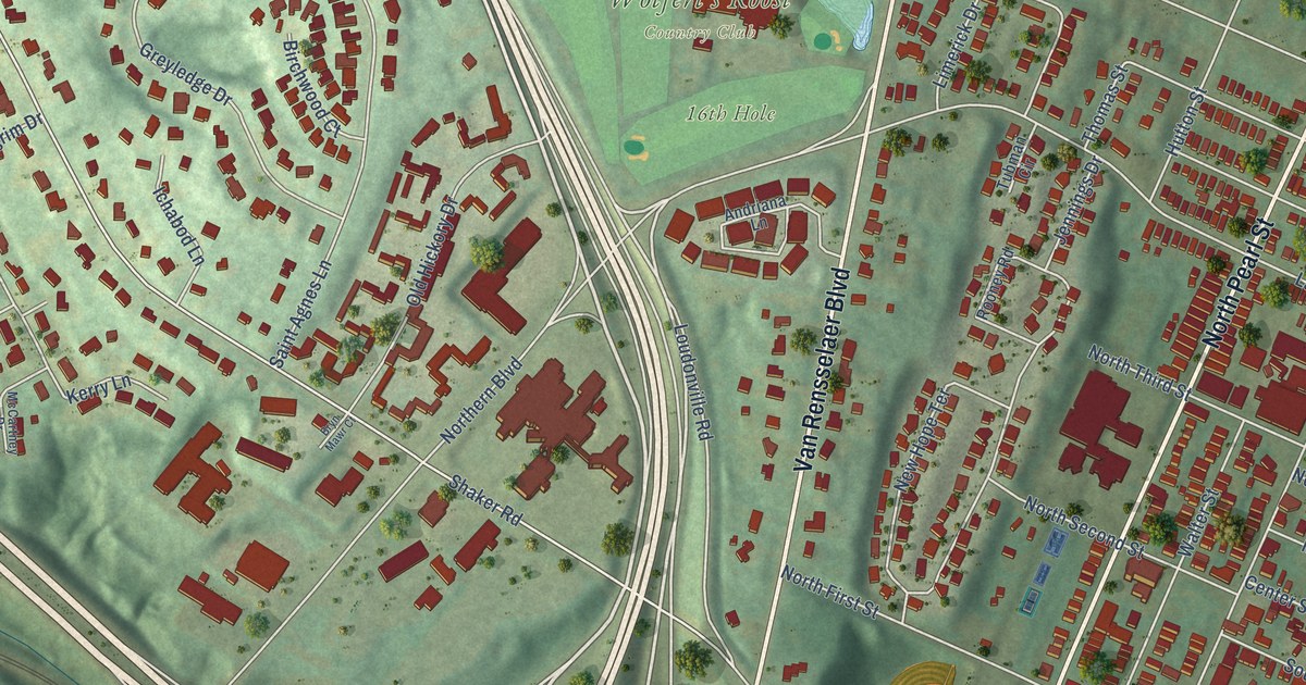 Close-up of streets and buildings in North Albany, New York
