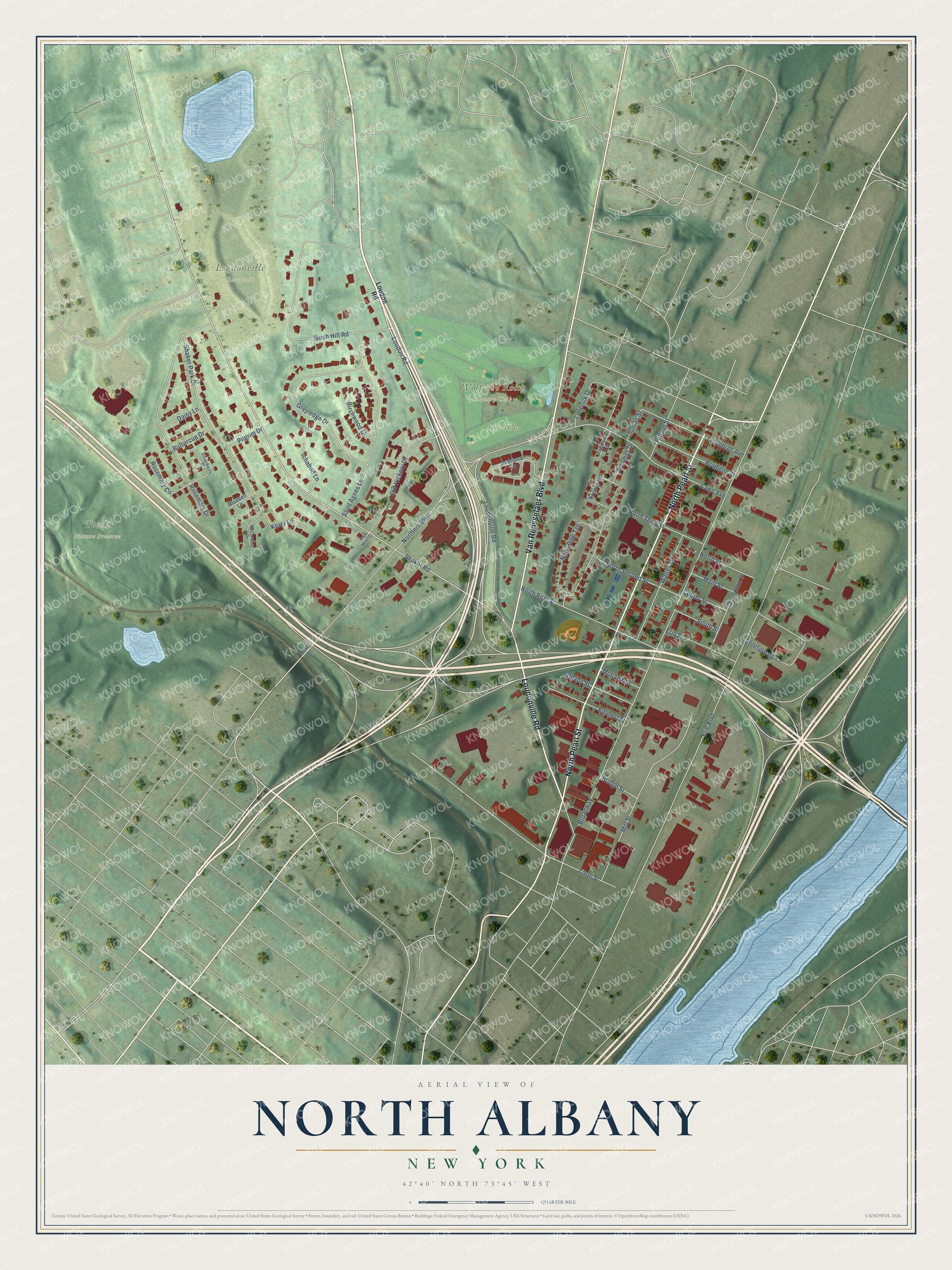 Full map of North Albany, New York, with red buildings, printed street names and the land around them
