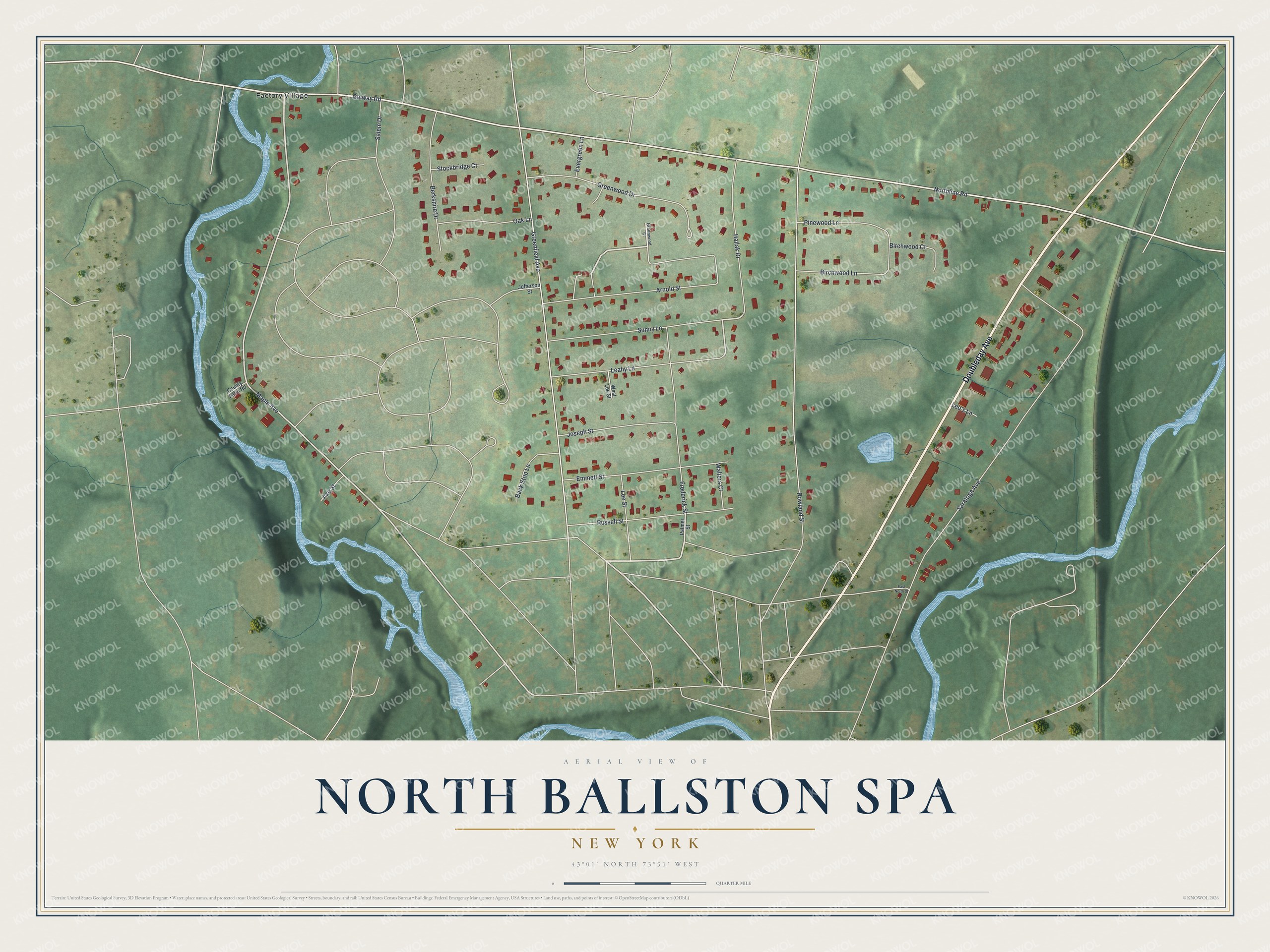 Full map of North Ballston Spa, New York, with red buildings, printed street names and the land around them