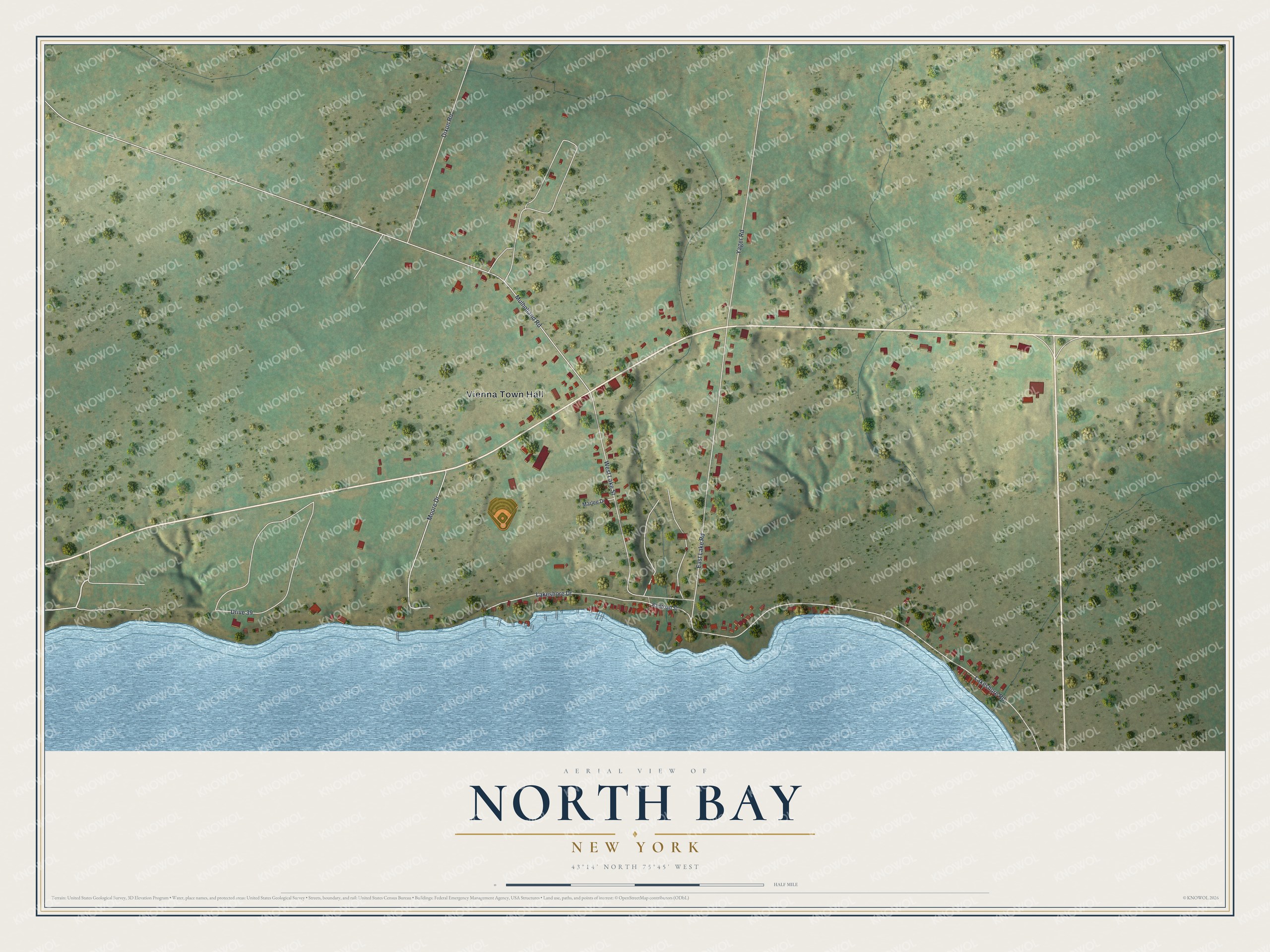 Full map of North Bay, New York, with red buildings, printed street names and the land around them