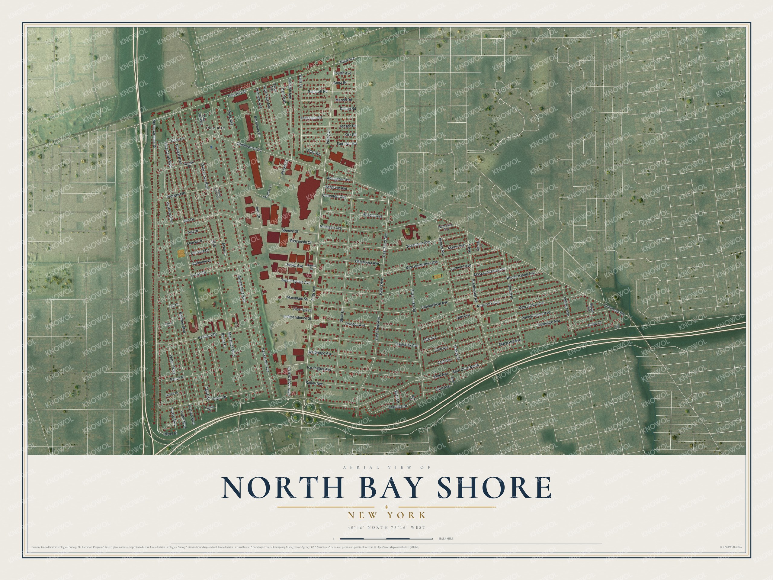 Full map of North Bay Shore, New York, with red buildings, printed street names and the land around them