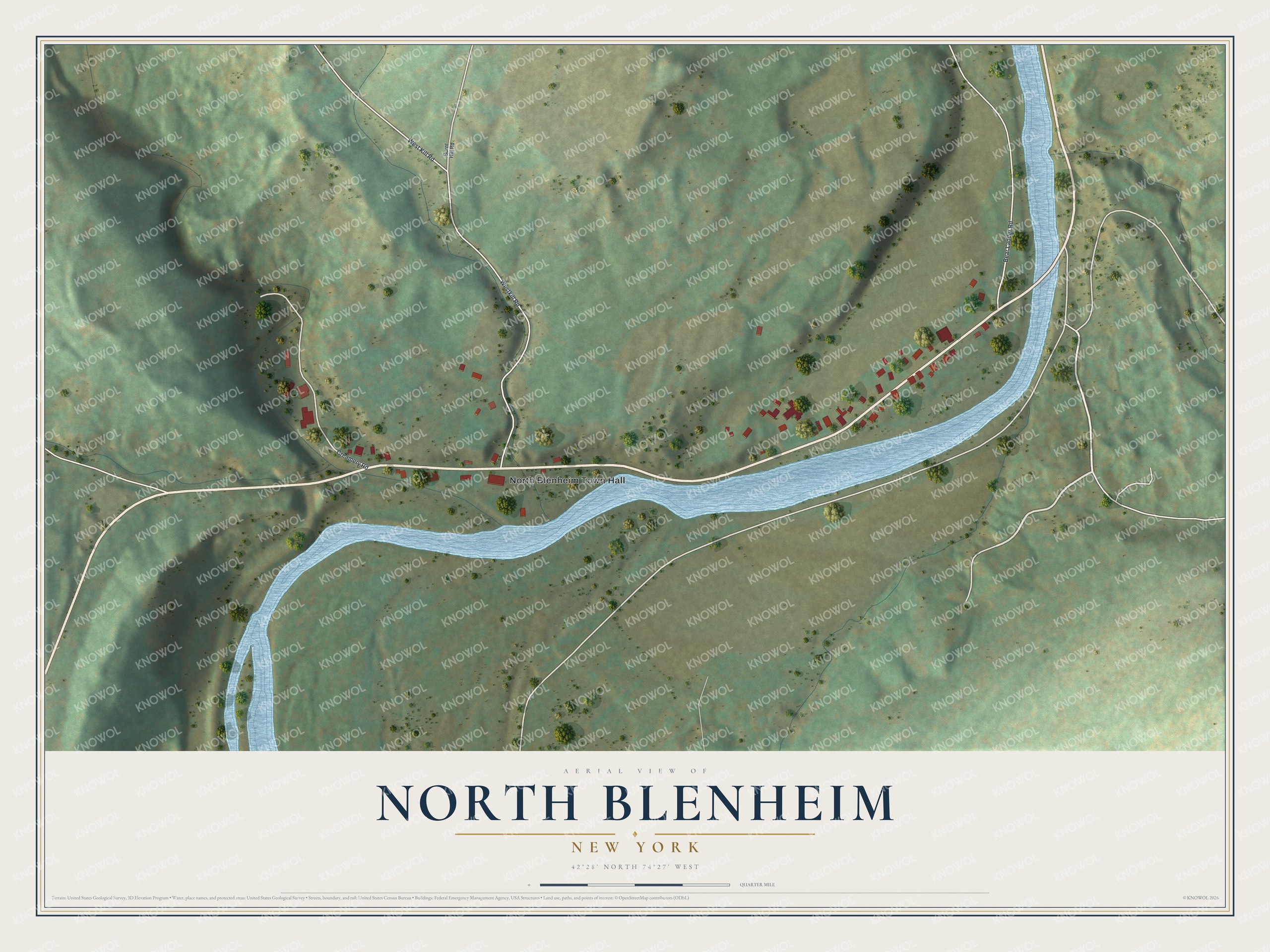 Full map of North Blenheim, New York, with red buildings, printed street names and the land around them