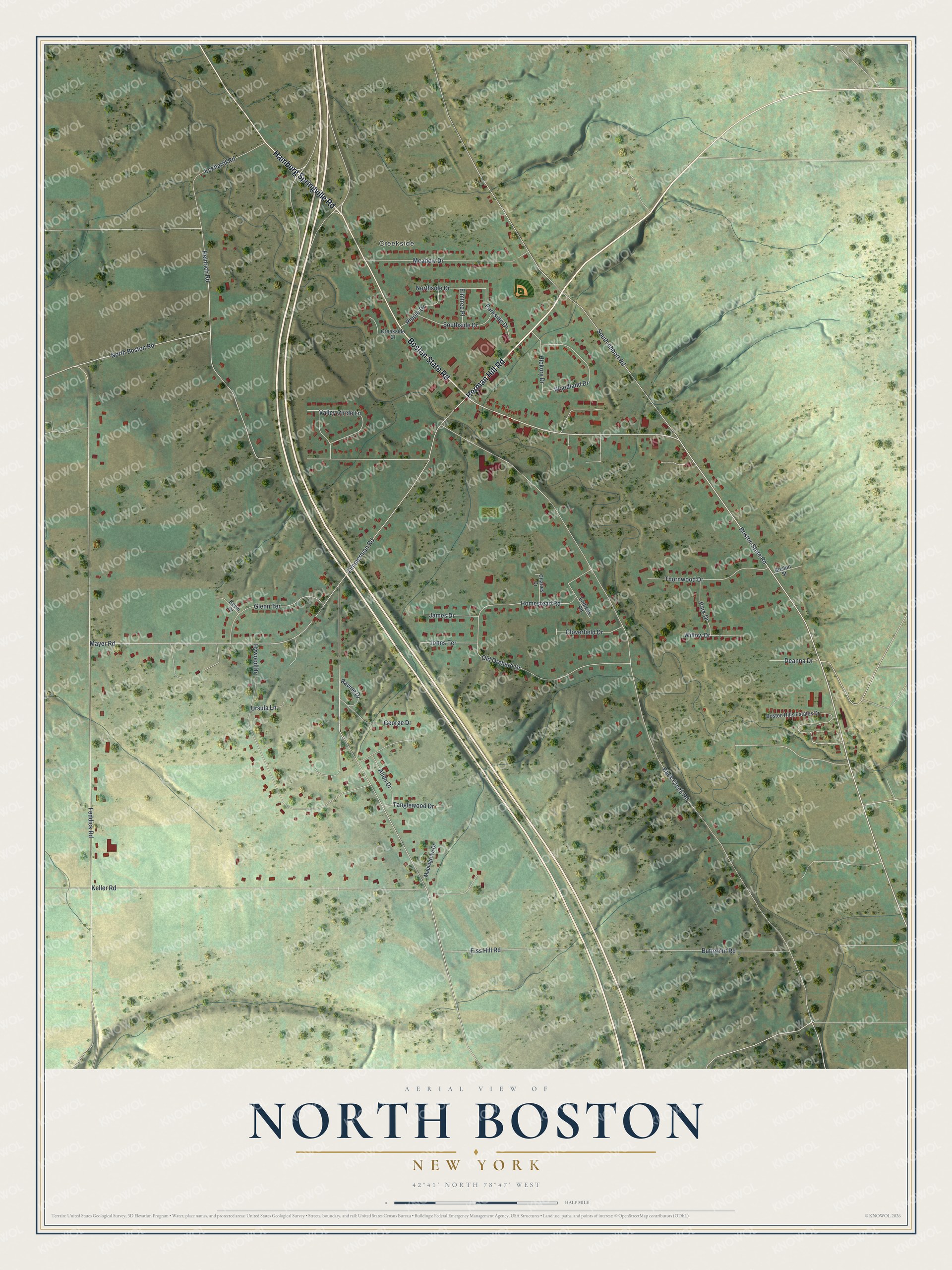Full map of North Boston, New York, with red buildings, printed street names and the land around them