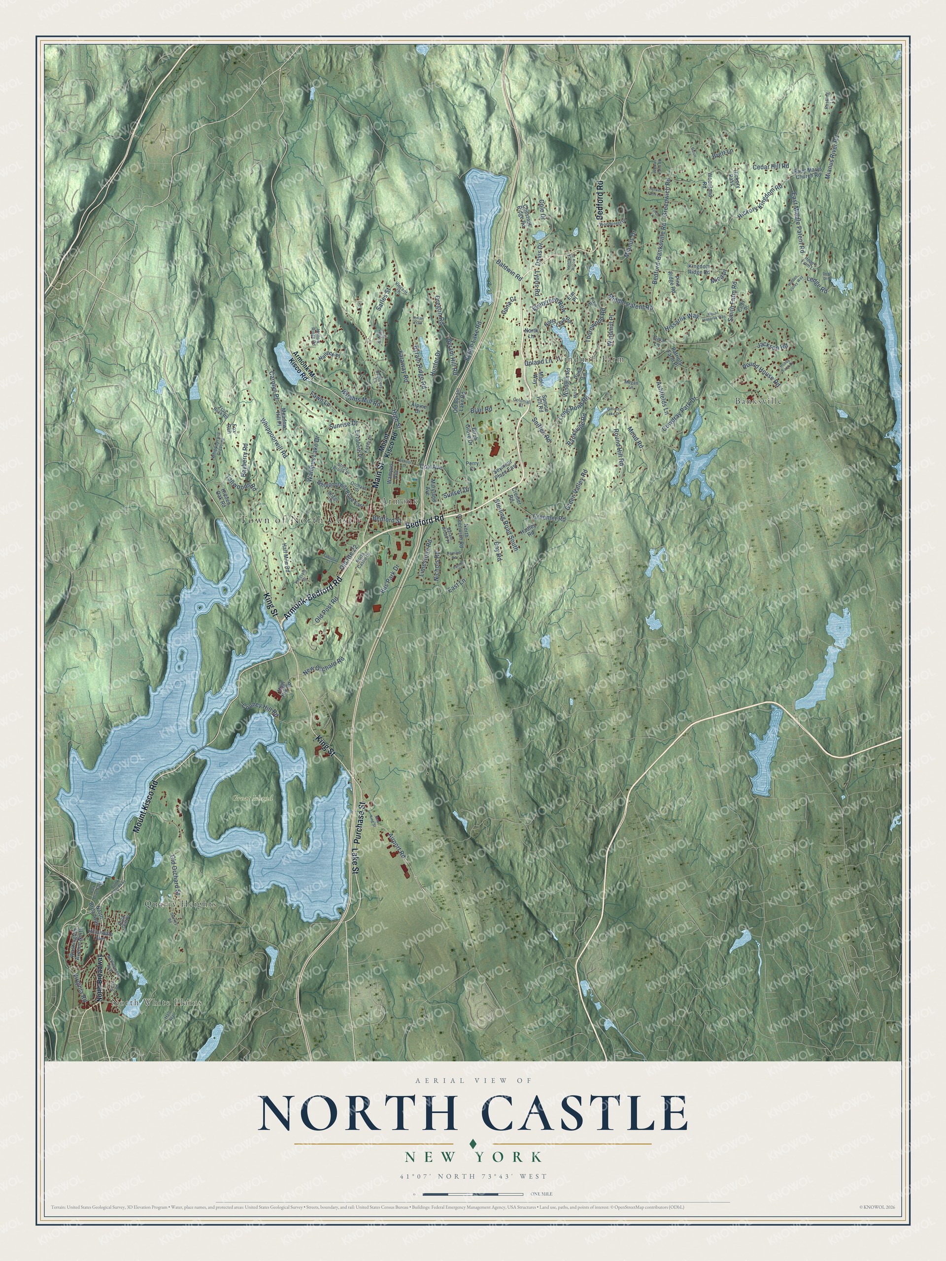 Detailed map of North Castle, New York, showing streets, buildings, and neighborhoods