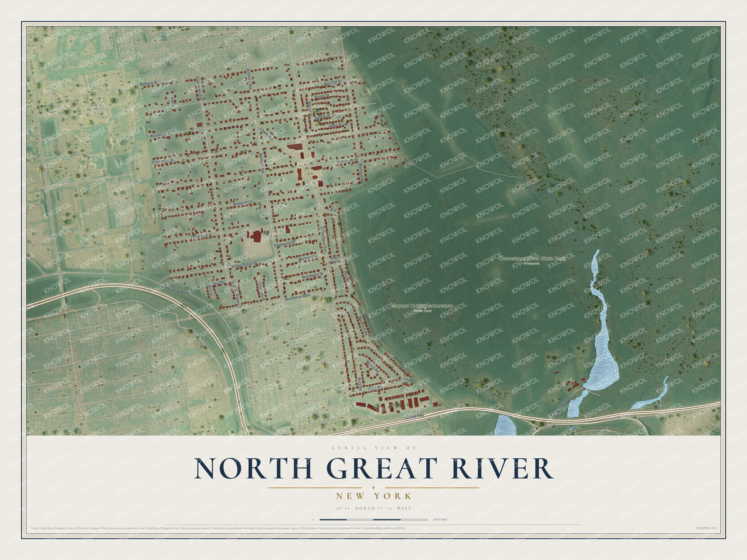 Full map of North Great River, New York, with red buildings, printed street names and the land around them