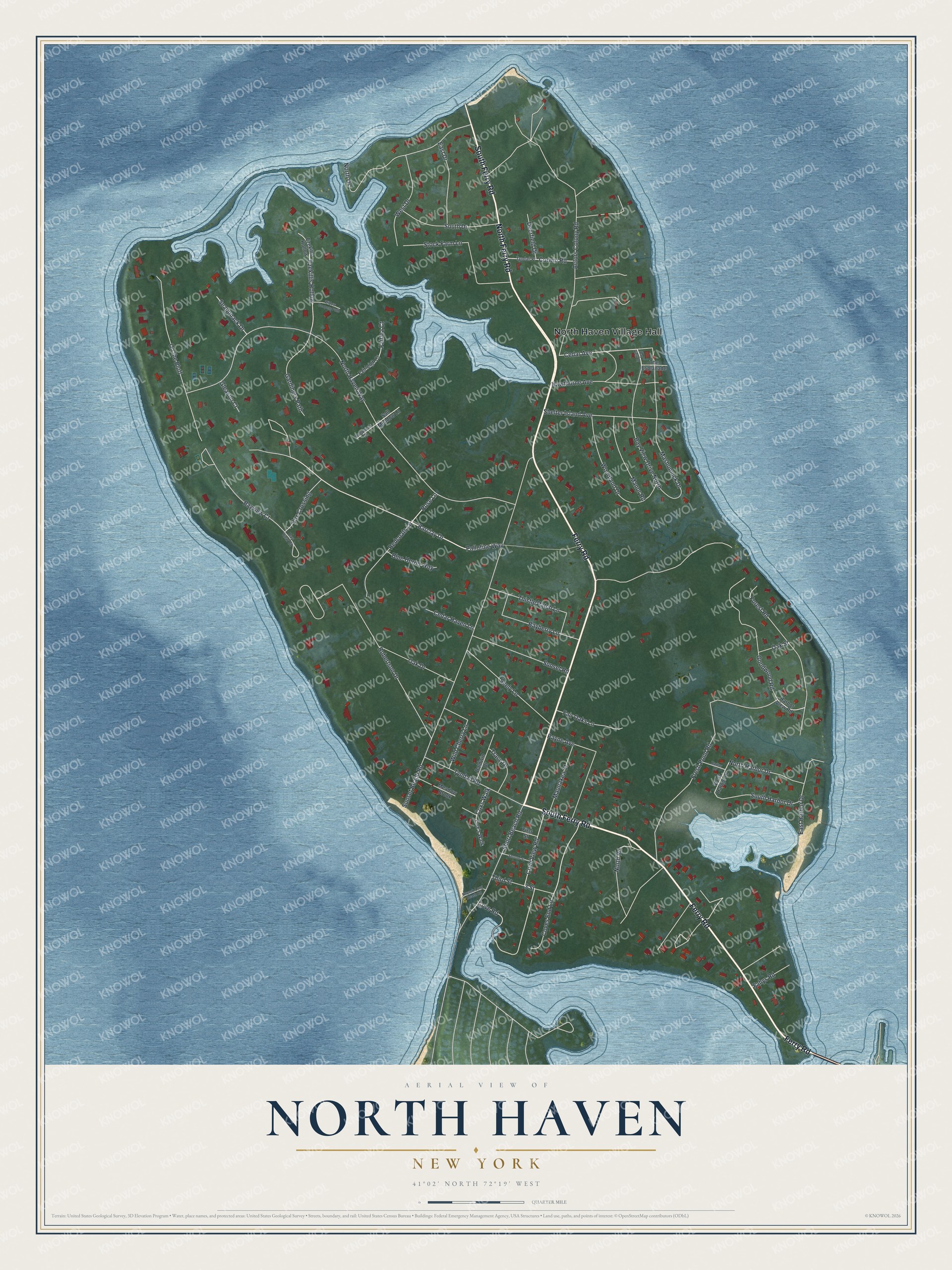 Full map of North Haven, New York, with red buildings, printed street names and the land around them